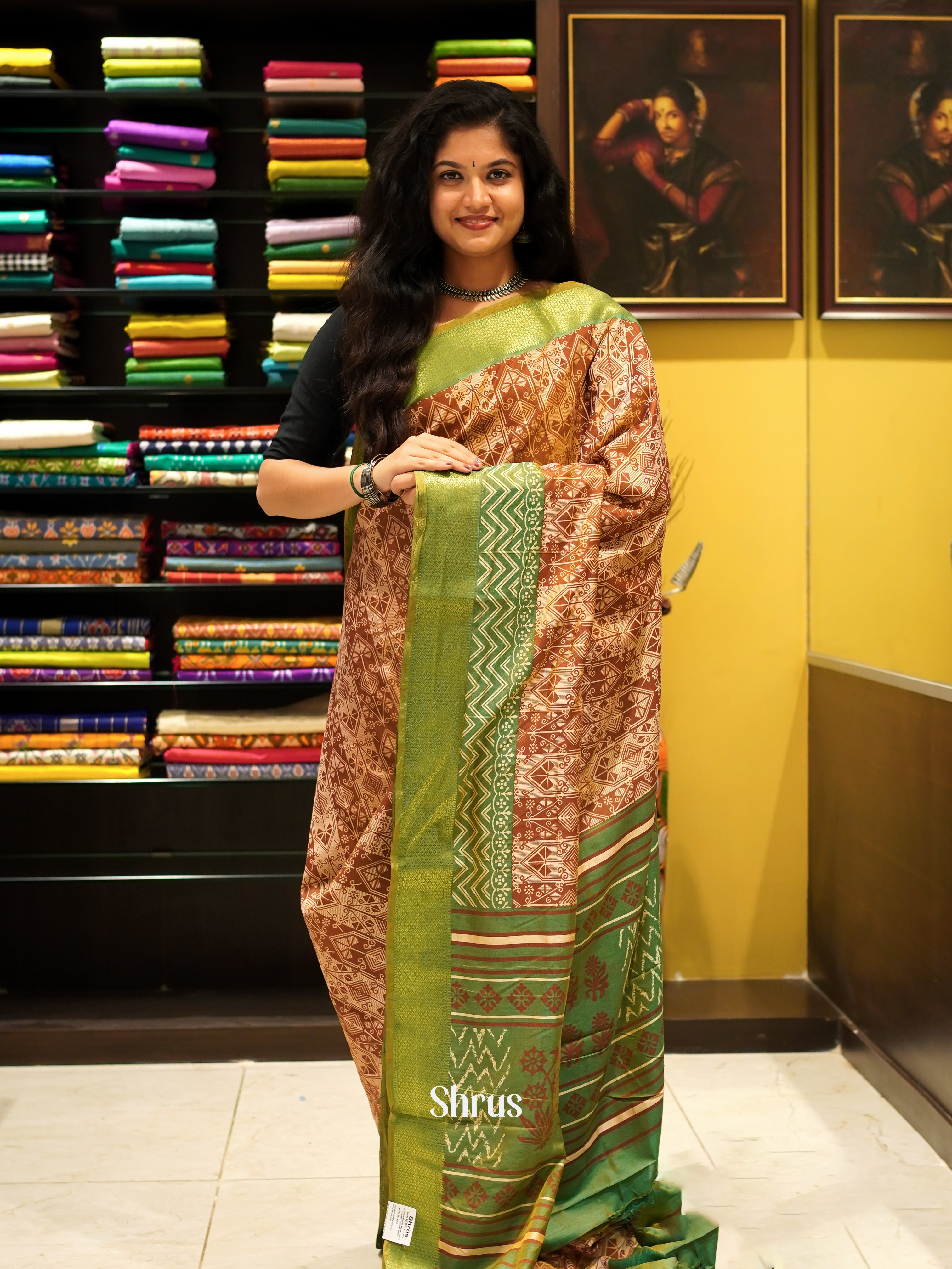 Brown & Green - Semi Patola Saree