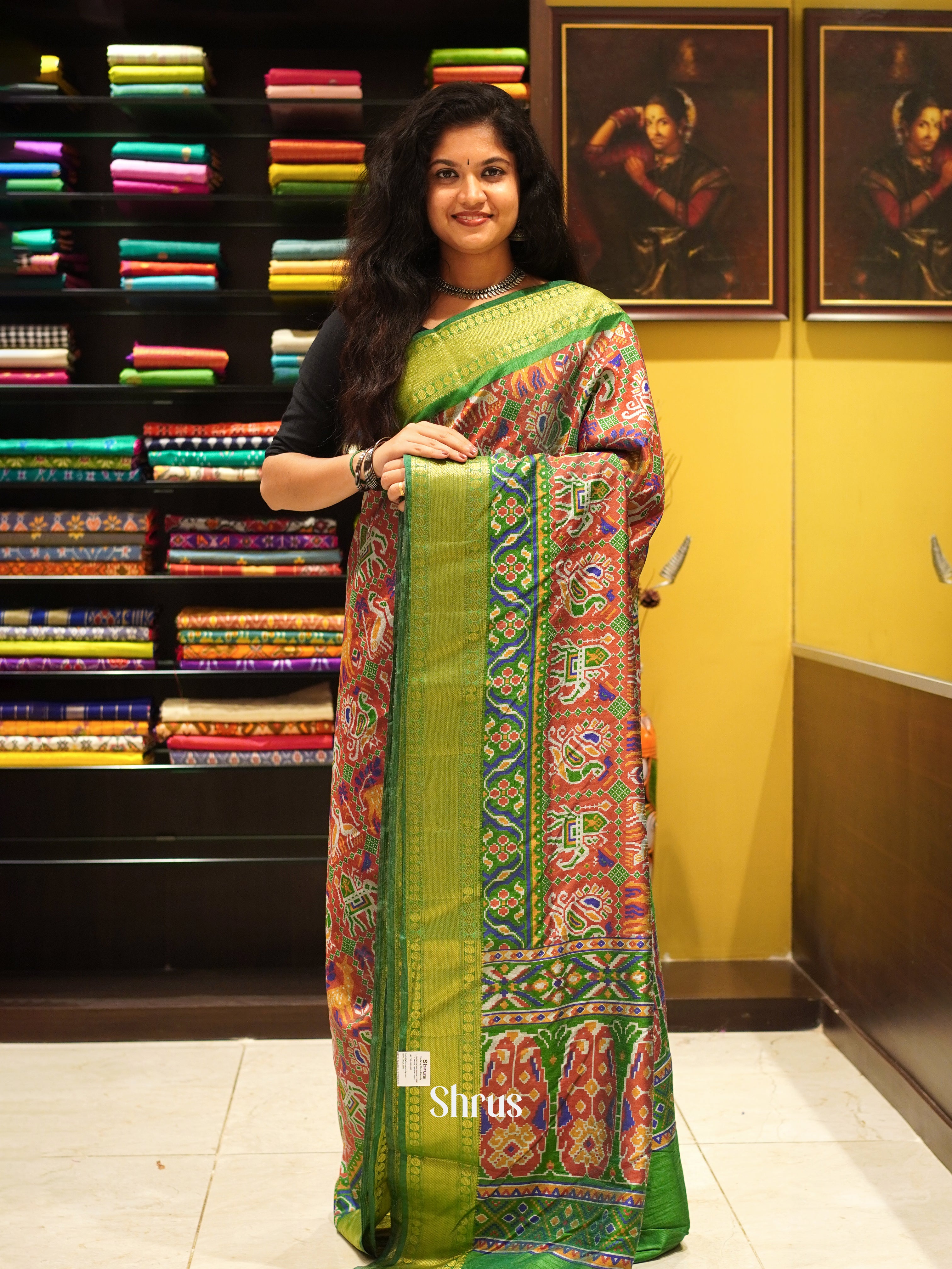 Brick & Green - Semi Patola Saree