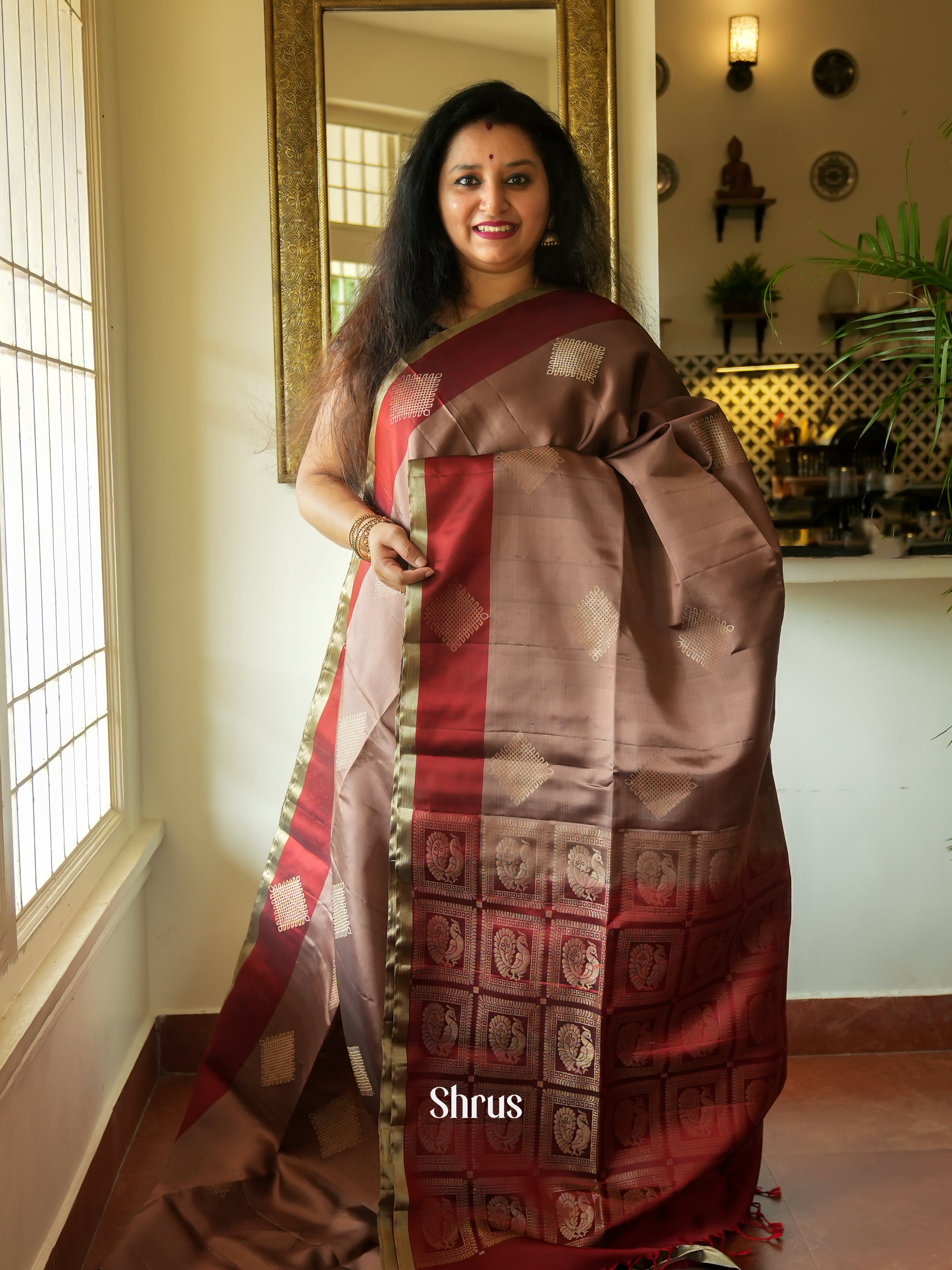 Dusty Brown & Maroon - Soft Silk Saree