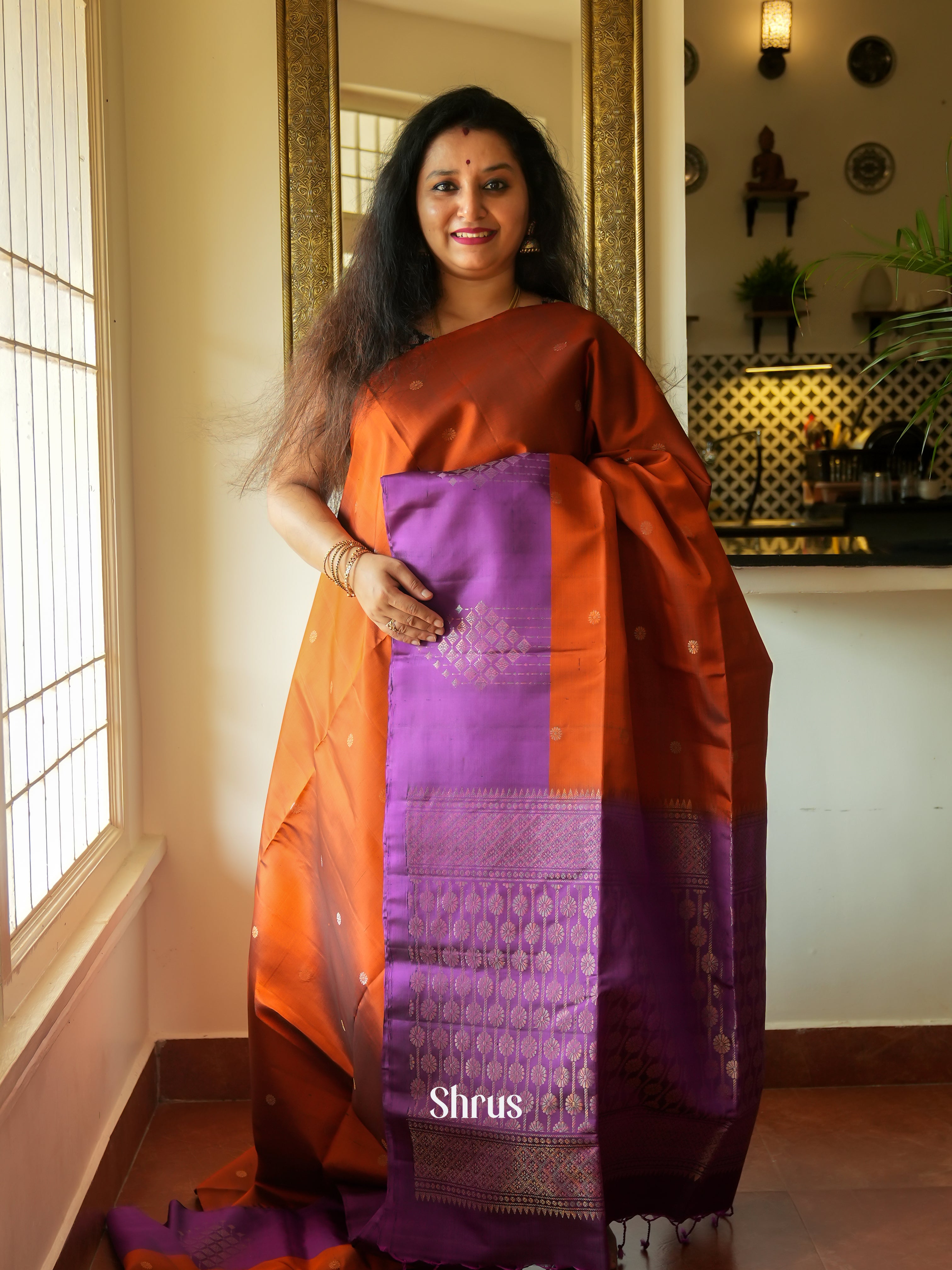 Brick Red & Purple - Soft Silk Saree