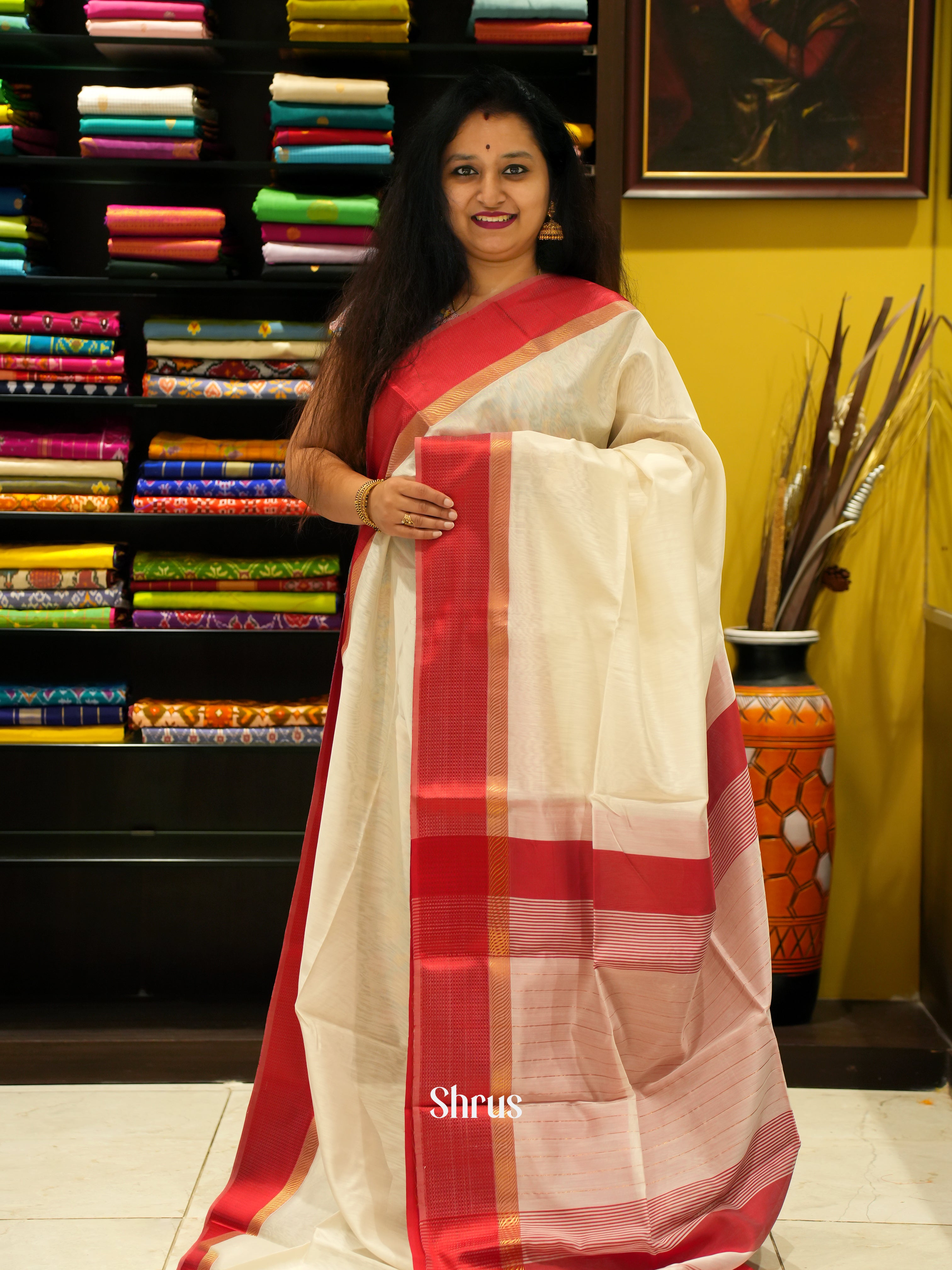 Cream & Red - Maheshwari silkcotton Saree