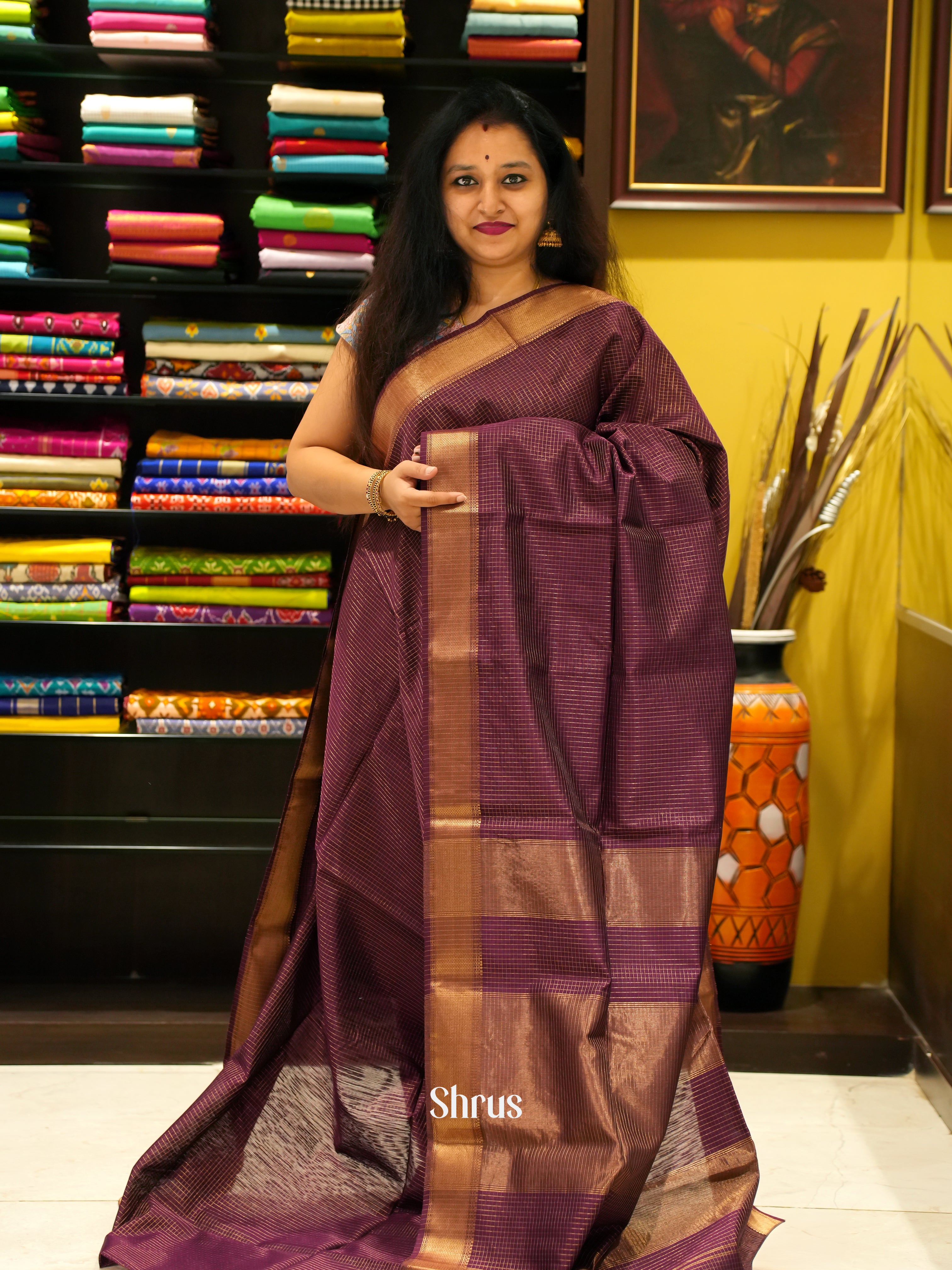 Wine(Single Tone)- Maheshwari silkcotton Saree