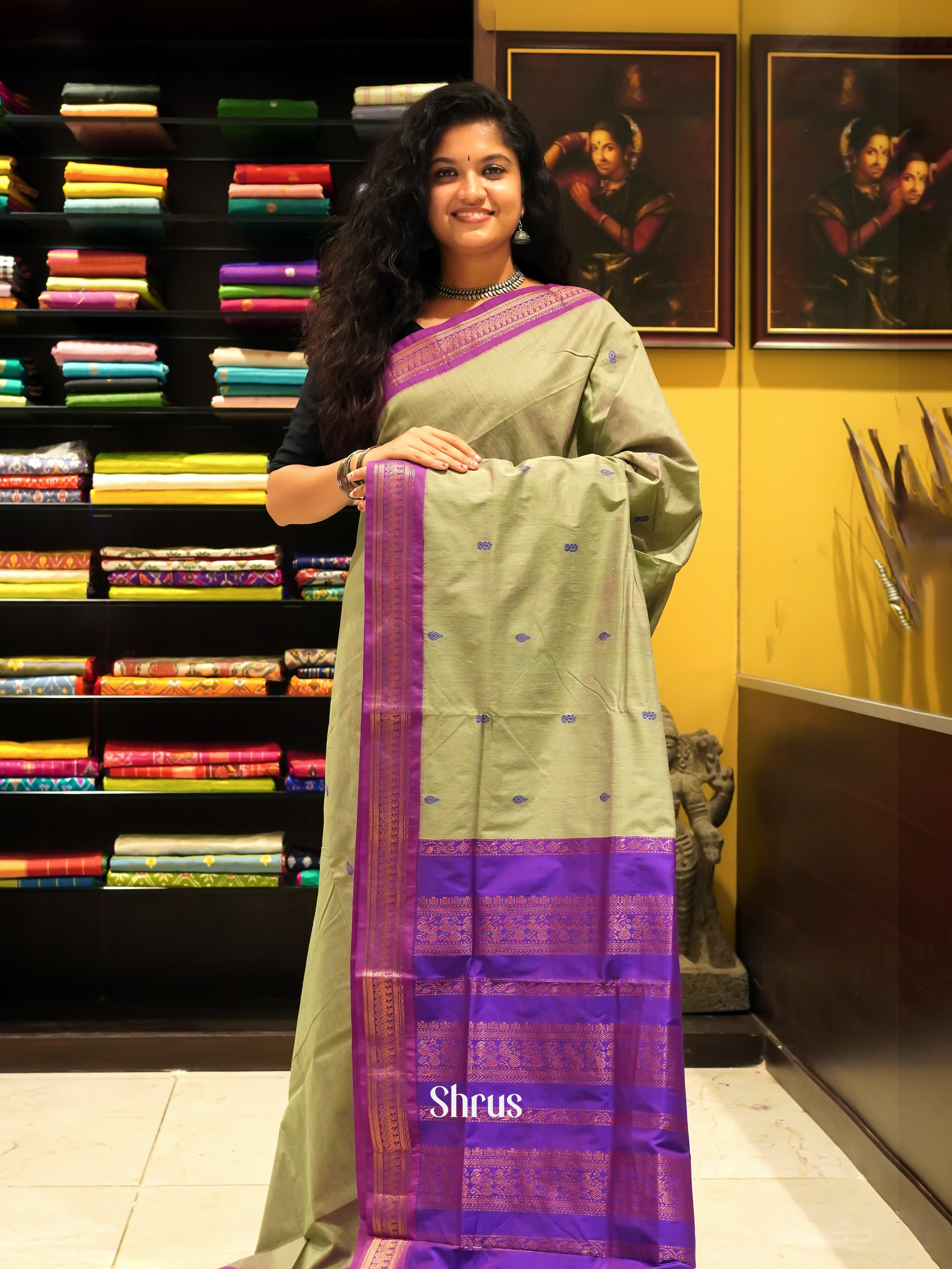 Grey Green & Purple  - Kalyani Cotton