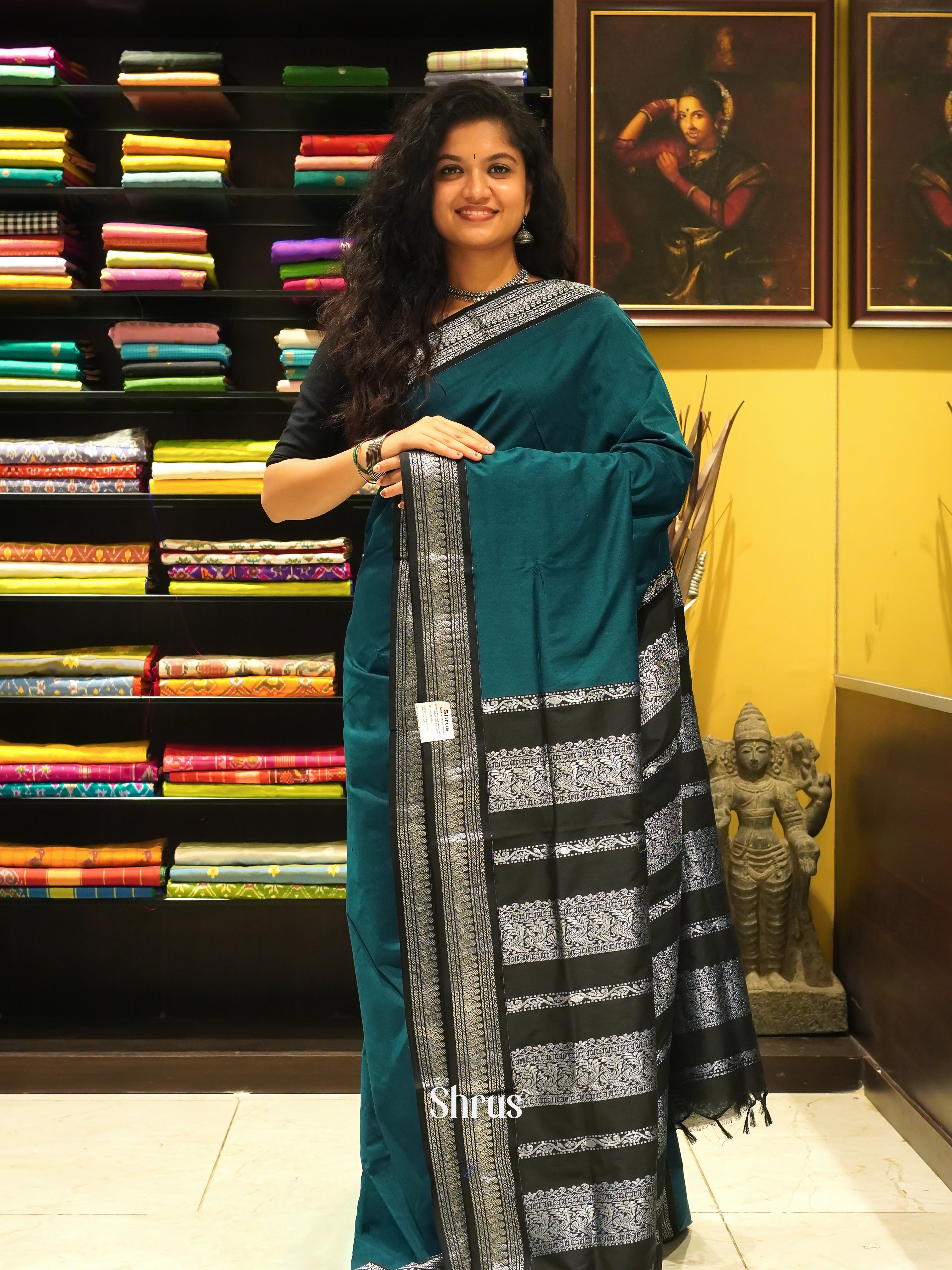 Peacock Green & Black - Kalyani Cotton Saree