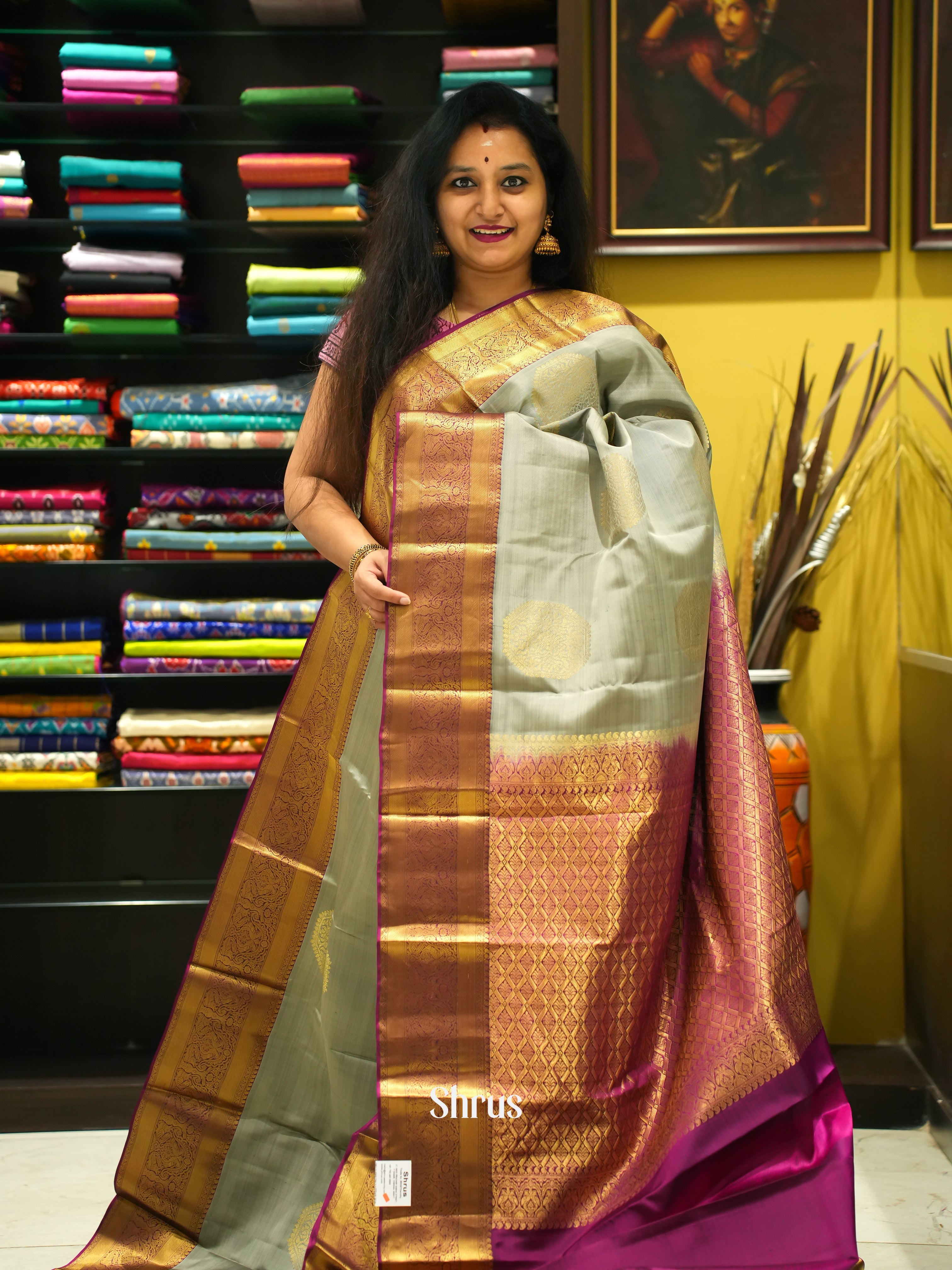 Grey & Majenta - Kanchipuram silk Saree