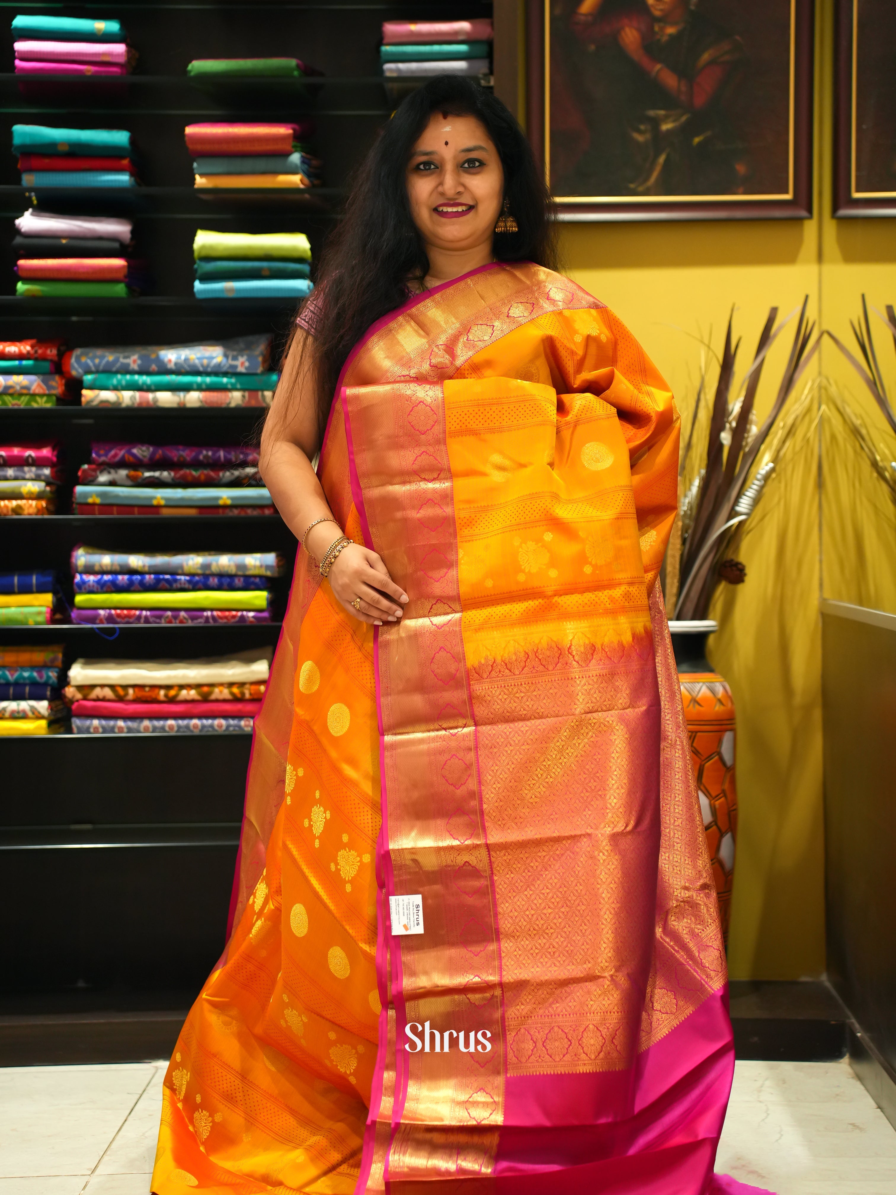 Mango Yellow & Pink - Kanchipuram silk Saree