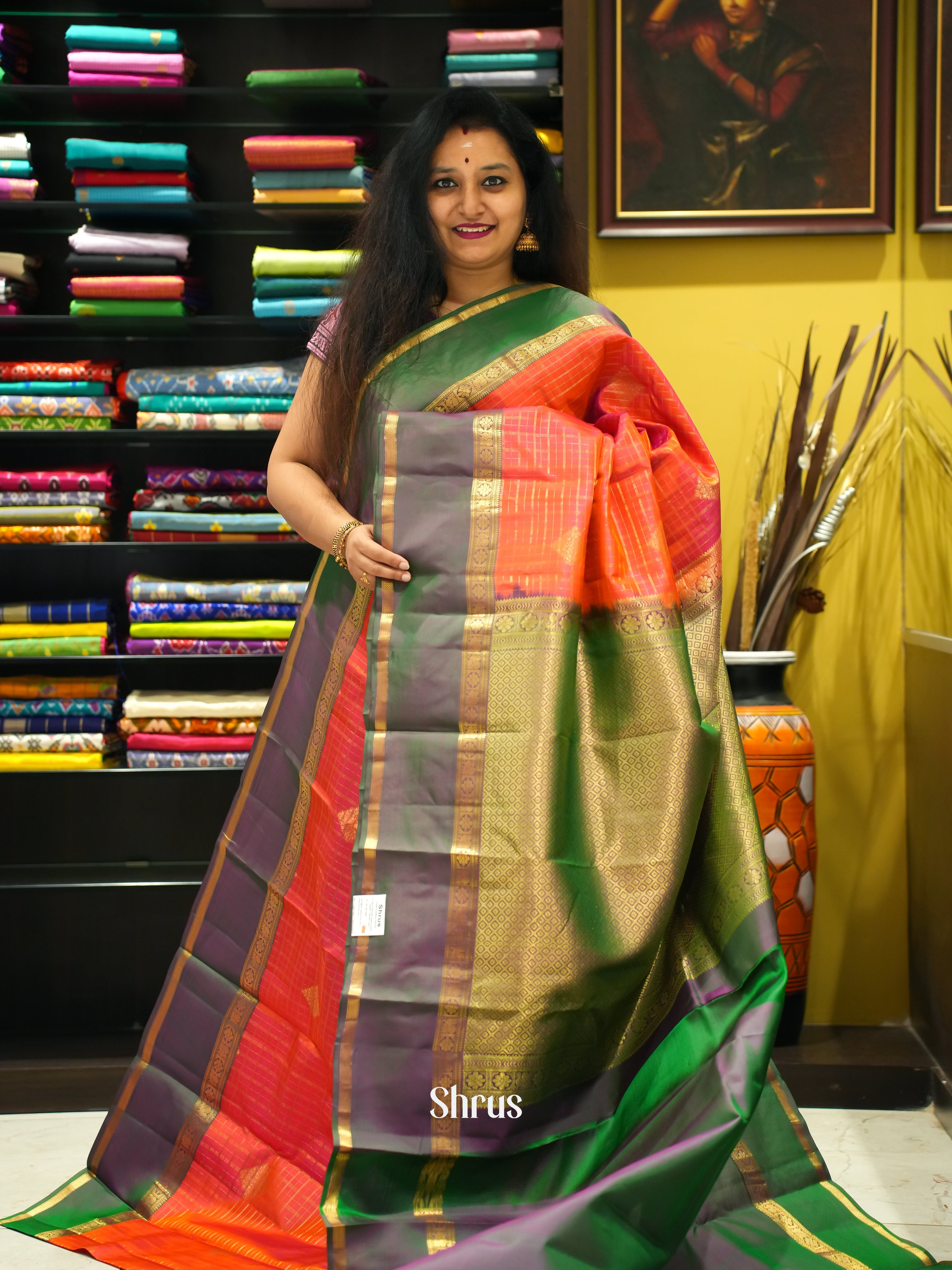 Orange & Green - Kanchipuram silk Saree