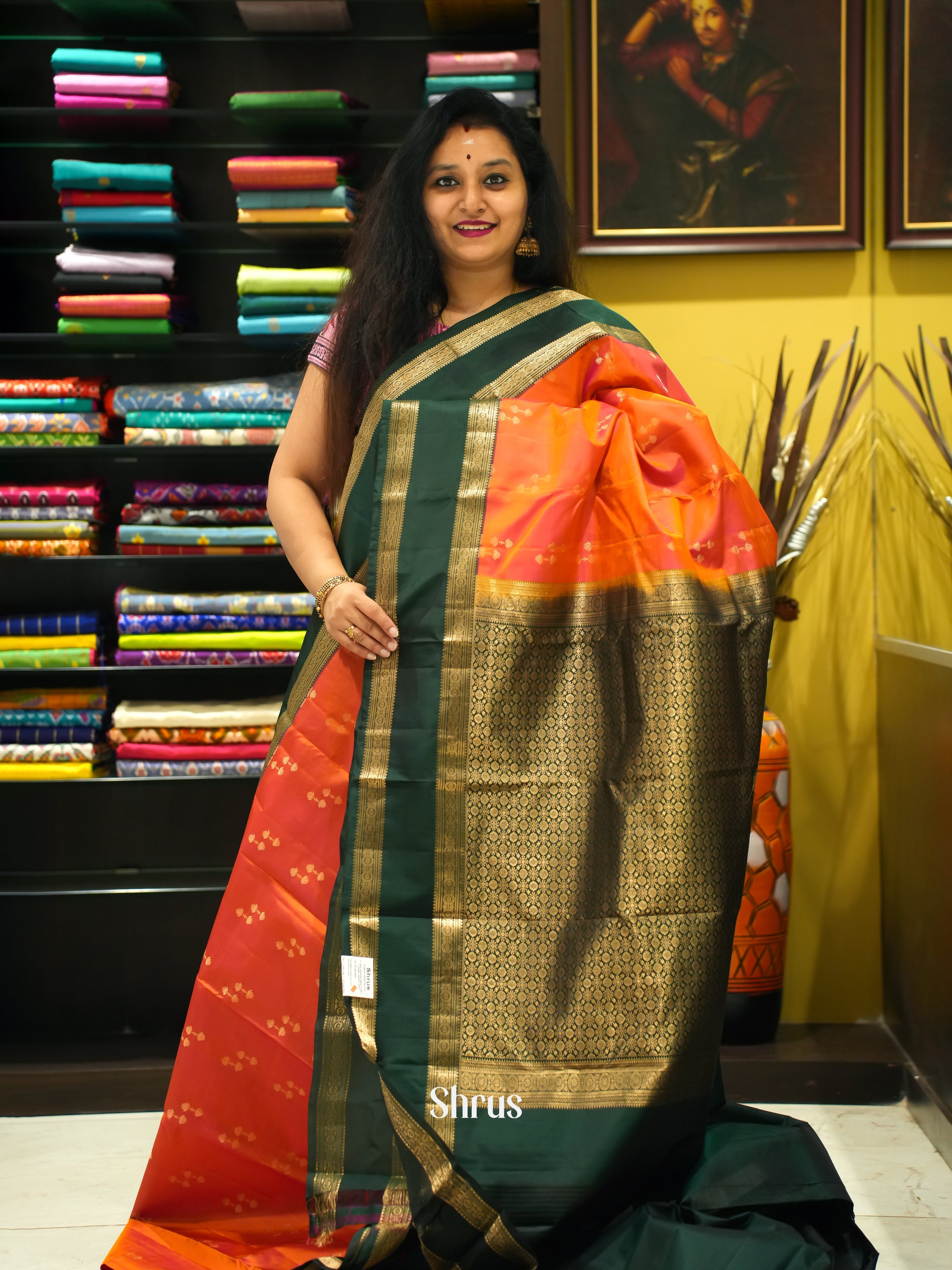 Orange & Green - Korvai Kanchipuram silk Saree