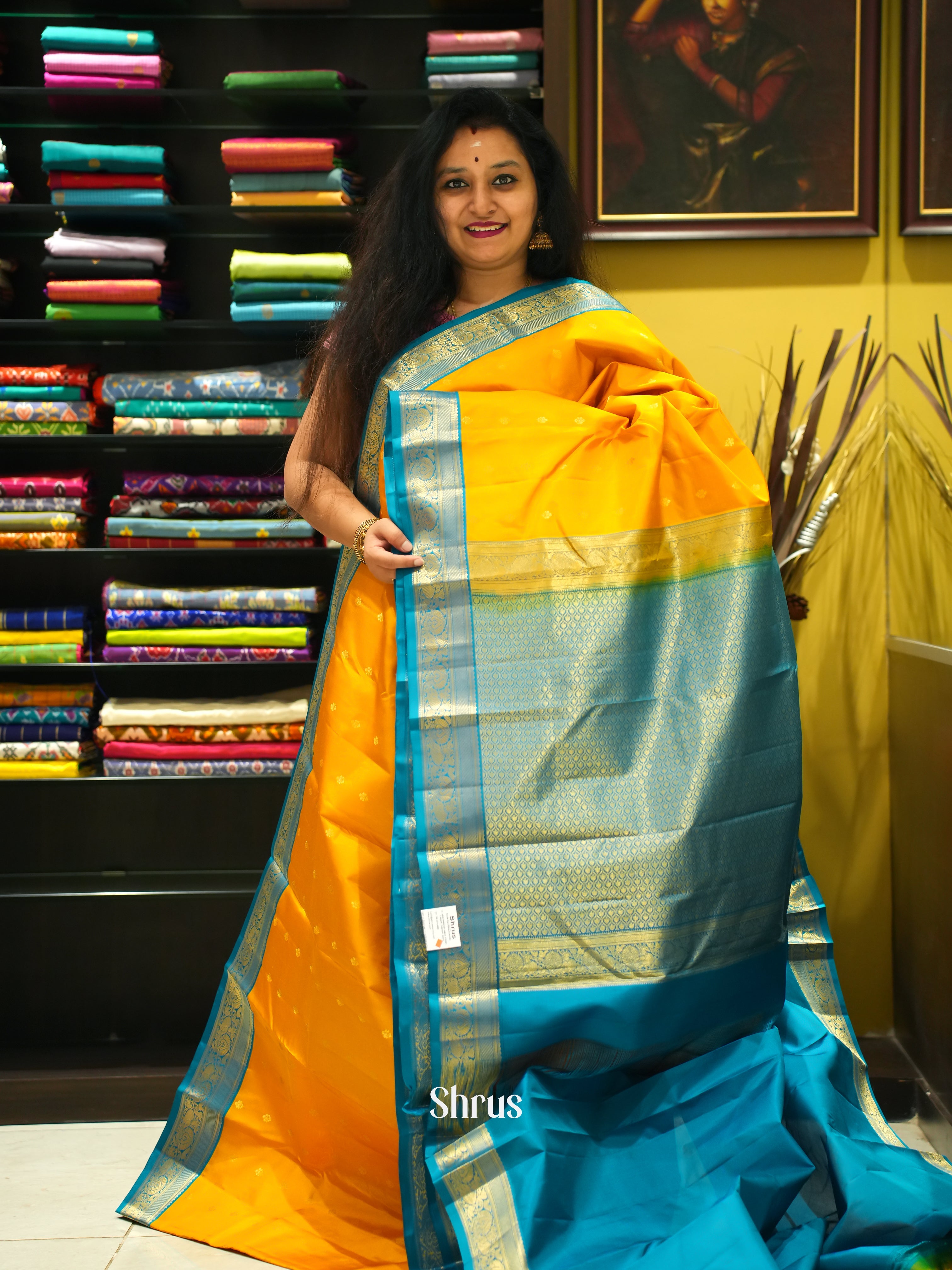 Yellow & Blue - Korvai Kanchipuram silk Saree