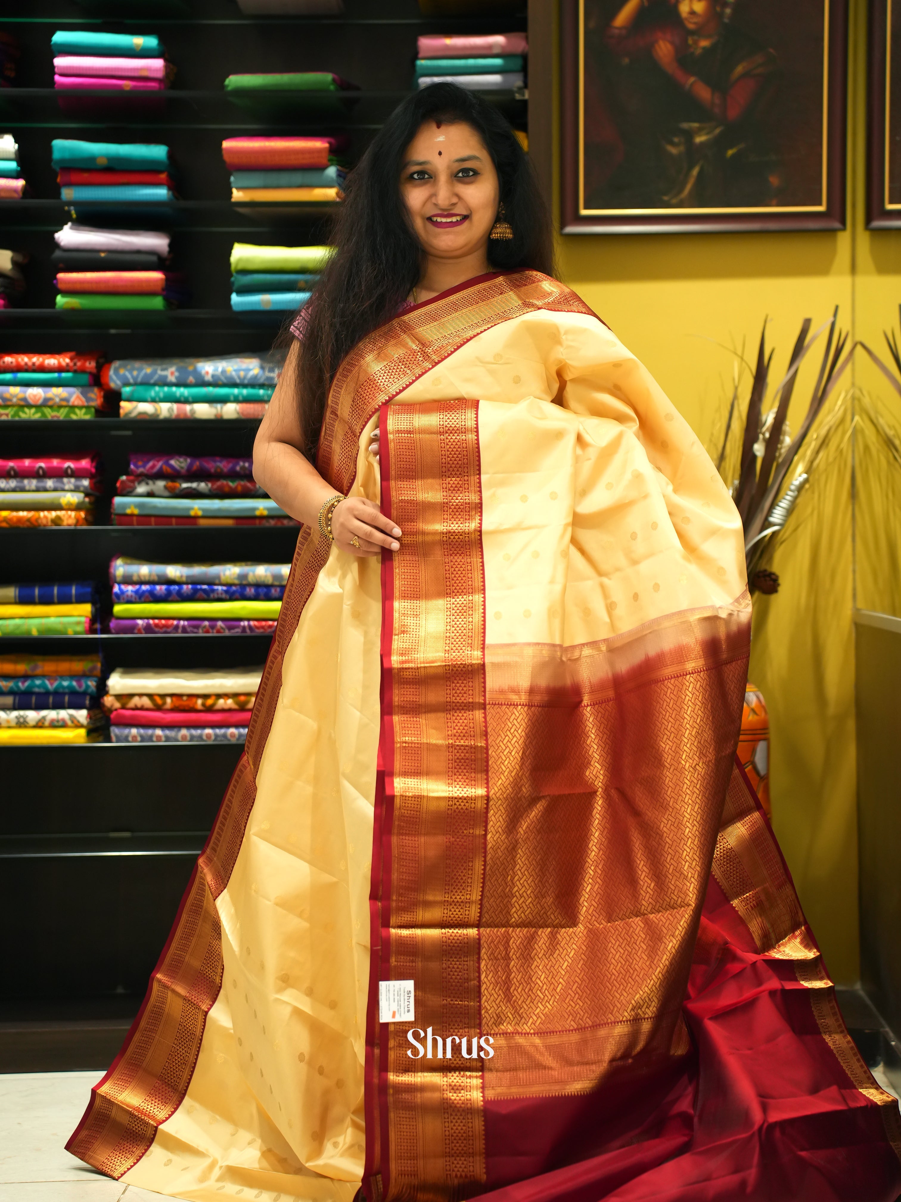 Sandal &  Maroon- Korvai Kanchipuram silk Saree