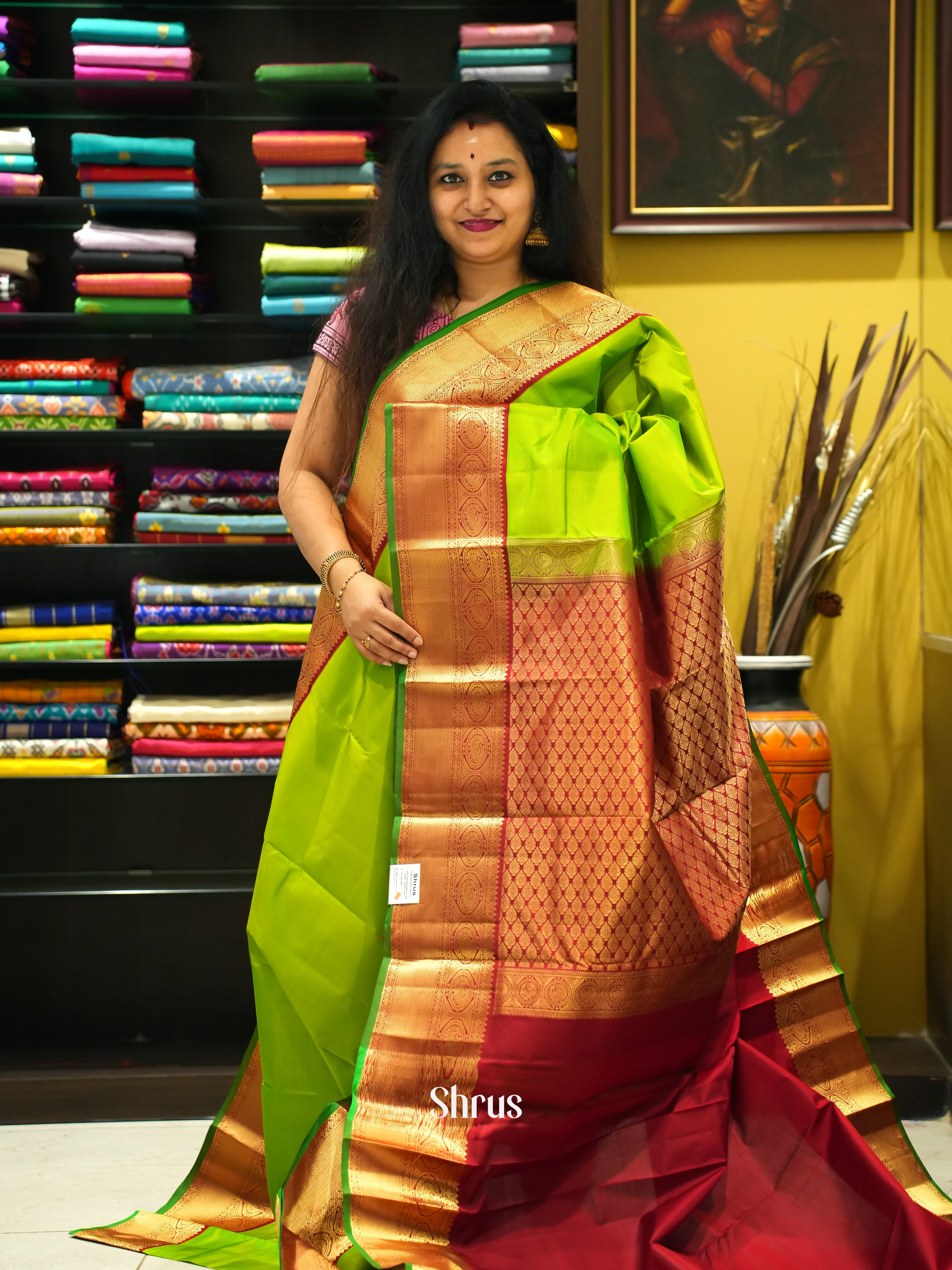 Light Green & Maroon - Kanchipuram silk Saree