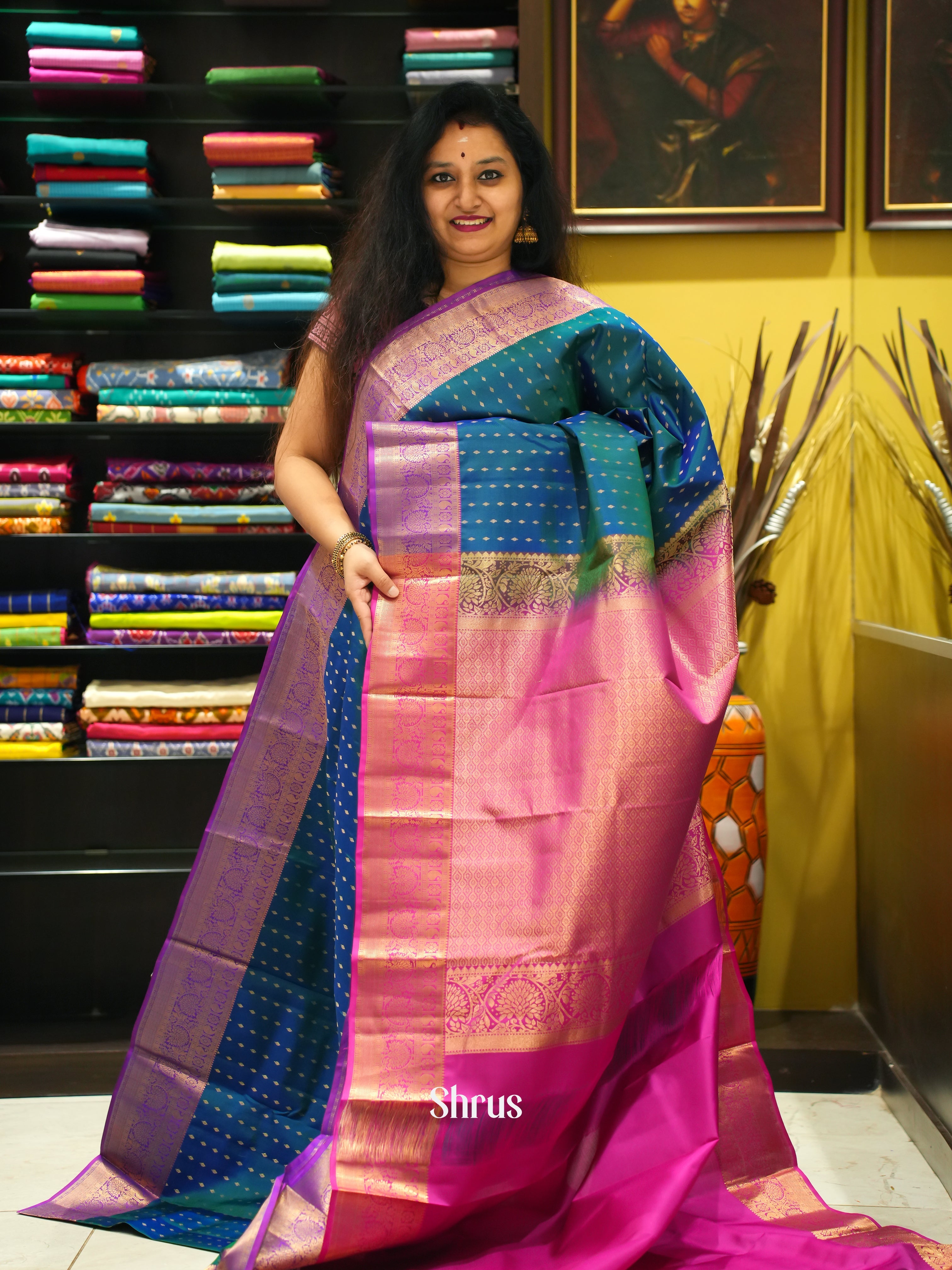 Peacock Blue & Pink - Korvai Kanchipuram silk Saree