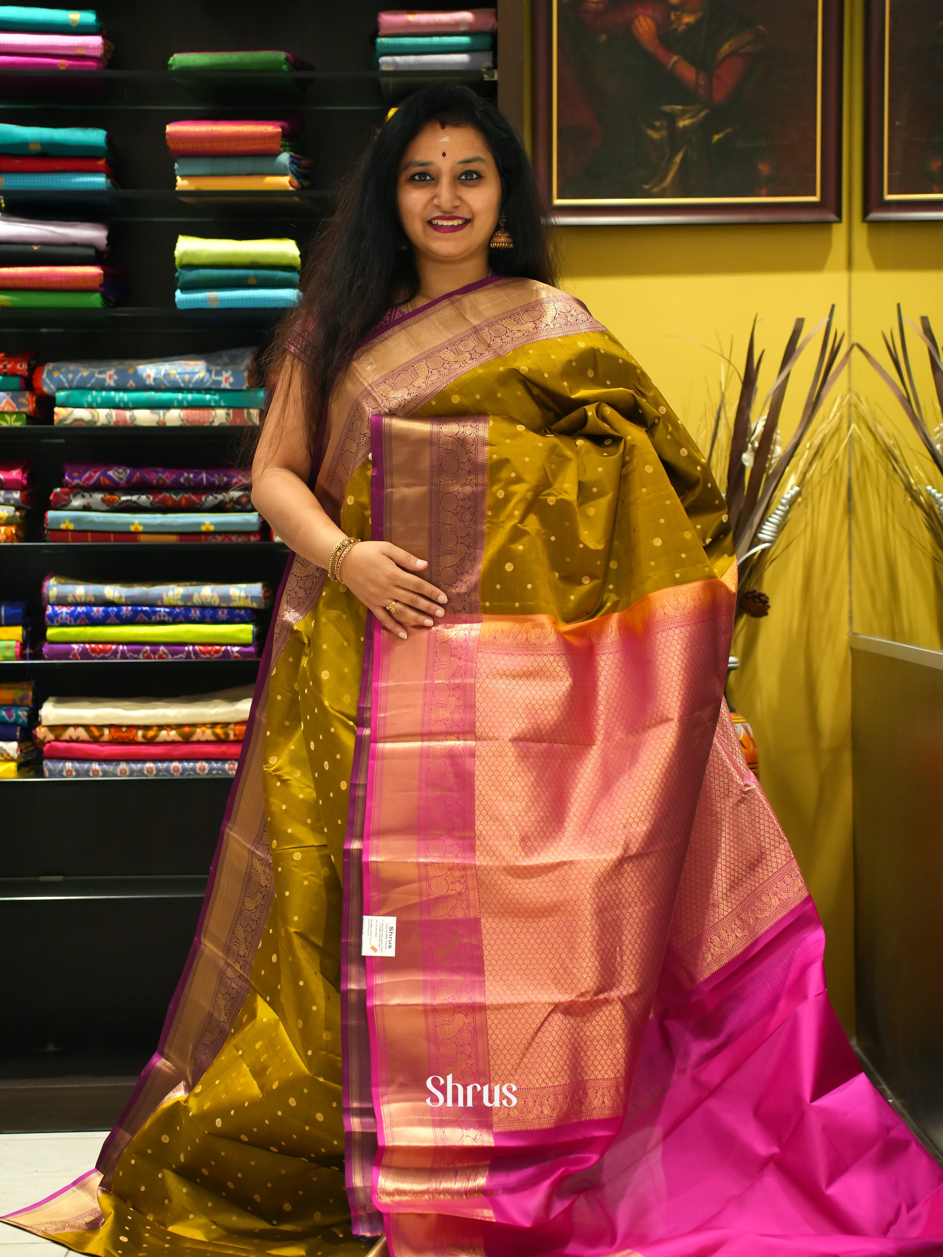 Mehandi green & Pink - Kanchipuram silk Saree