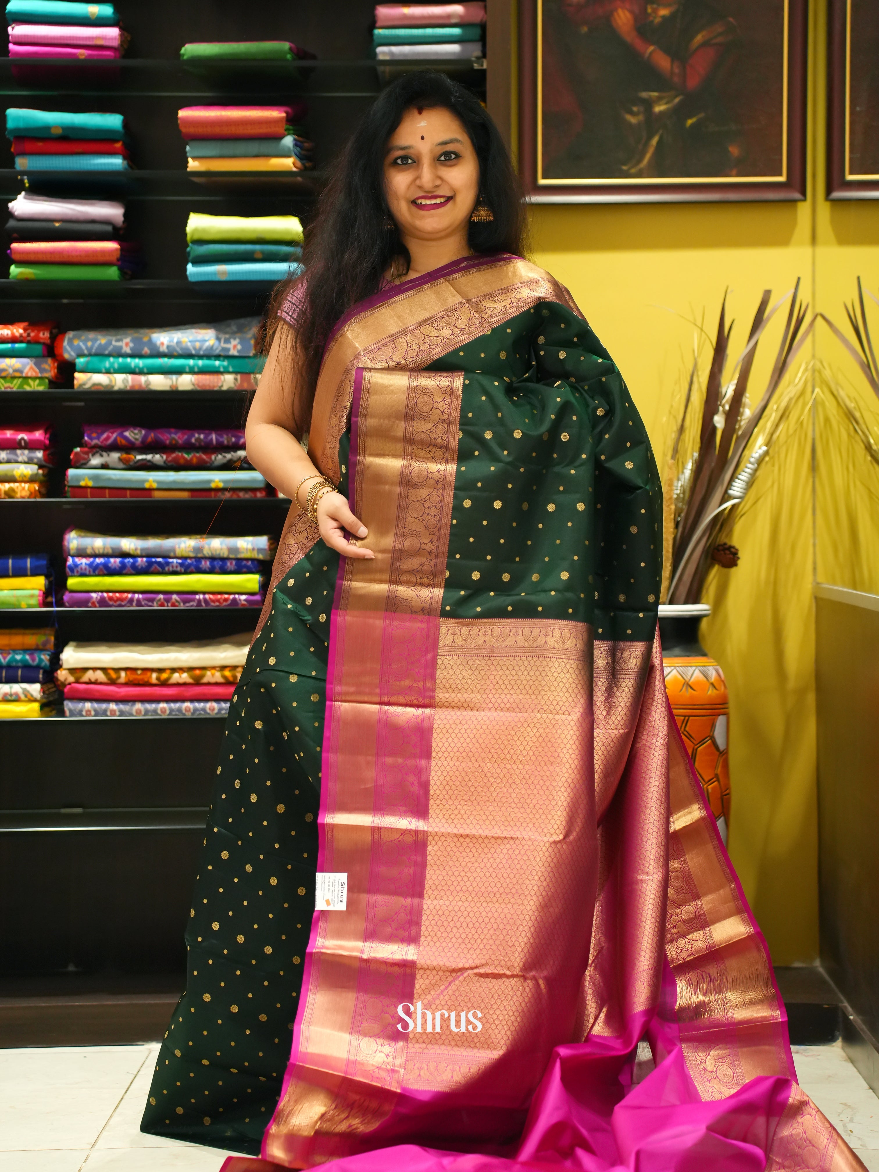 Bottle Green & Pink - Kanchipuram silk Saree