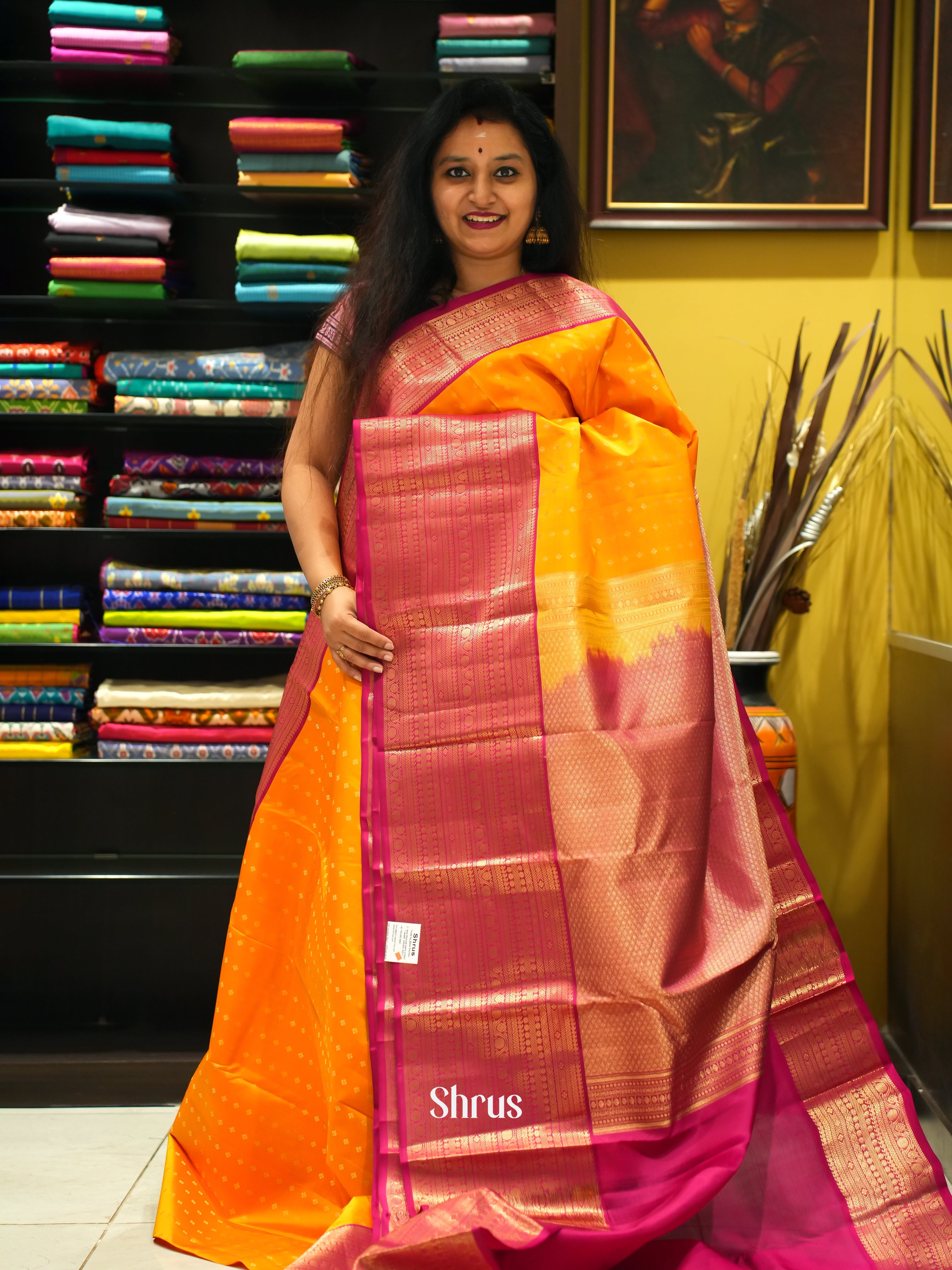 Mambazha Yellow & Pink - Korvai Kanchipuram silk Saree