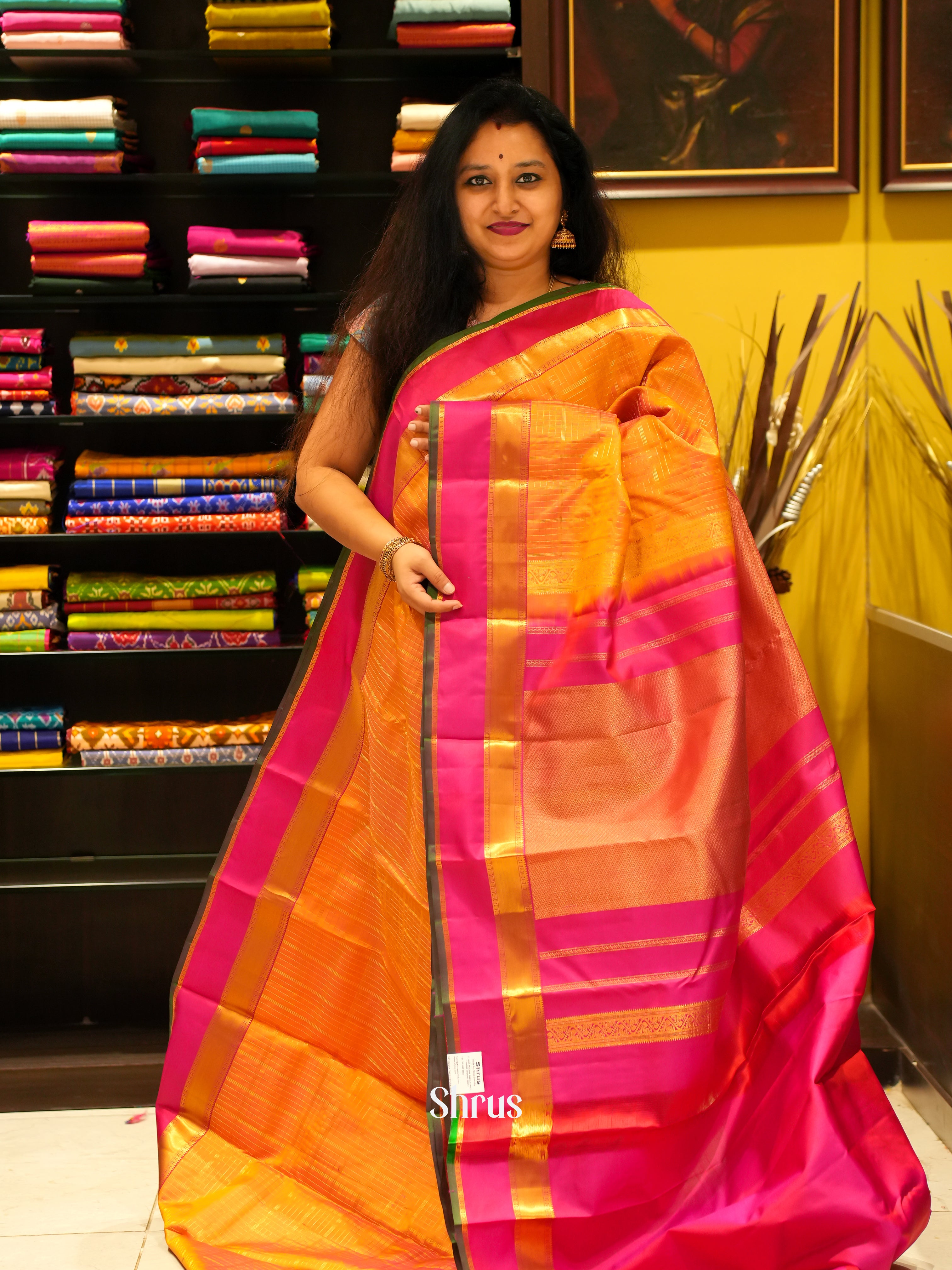 Orange & Pink  - Kanchipuram silk Saree