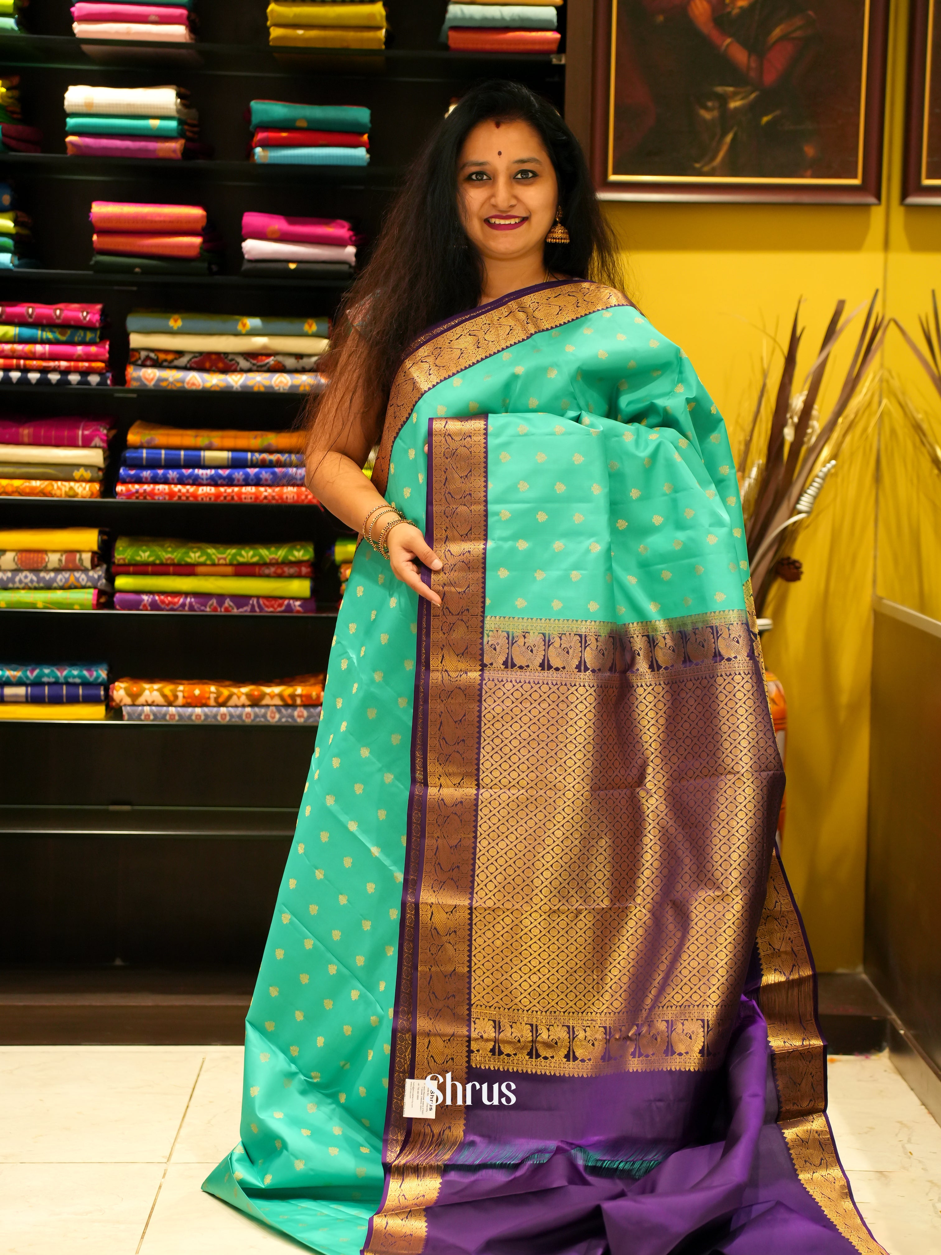 Teal Green & Violet - Korvai Kanchipuram silk Saree