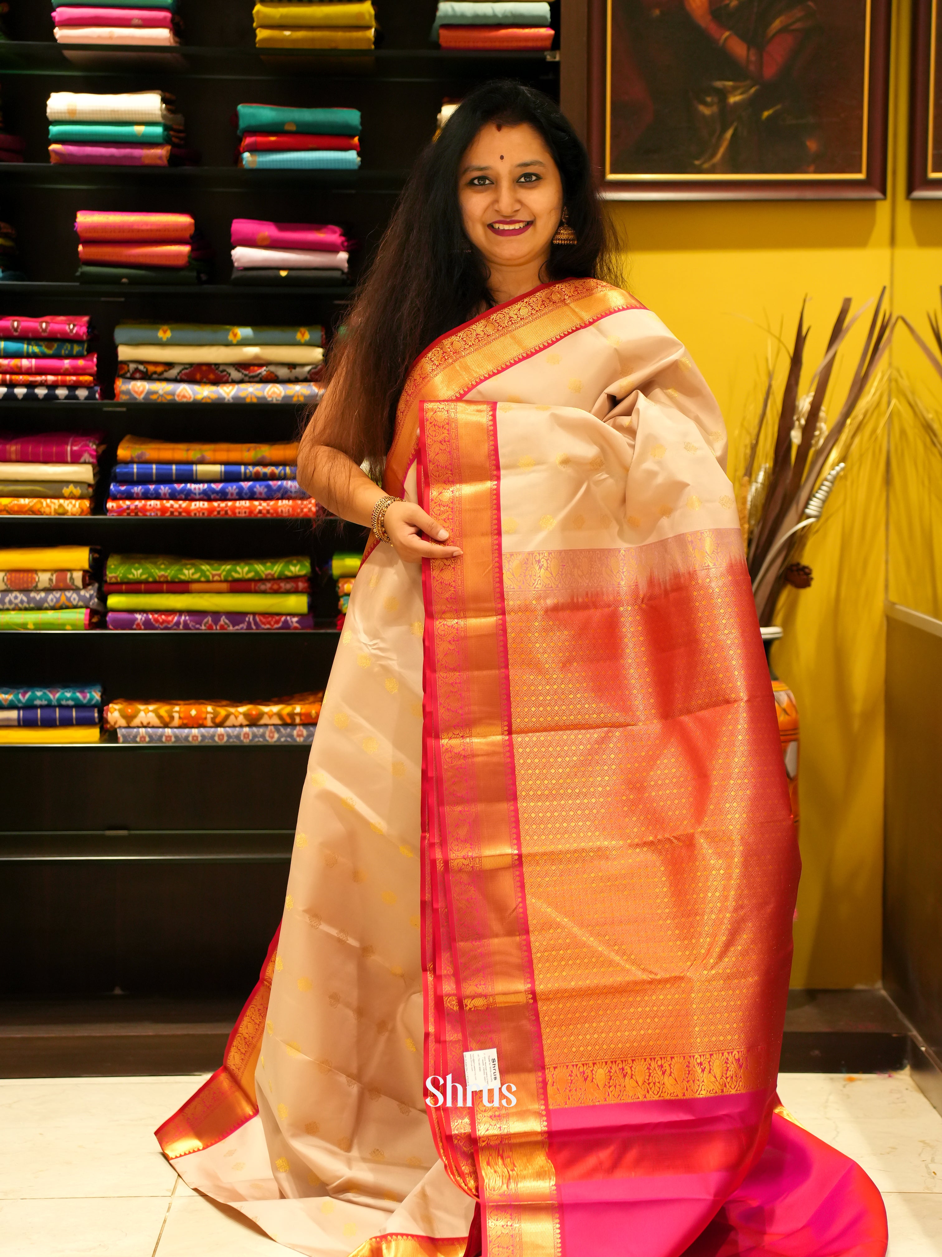 Cream & Pink - Korvai Kanchipuram silk Saree