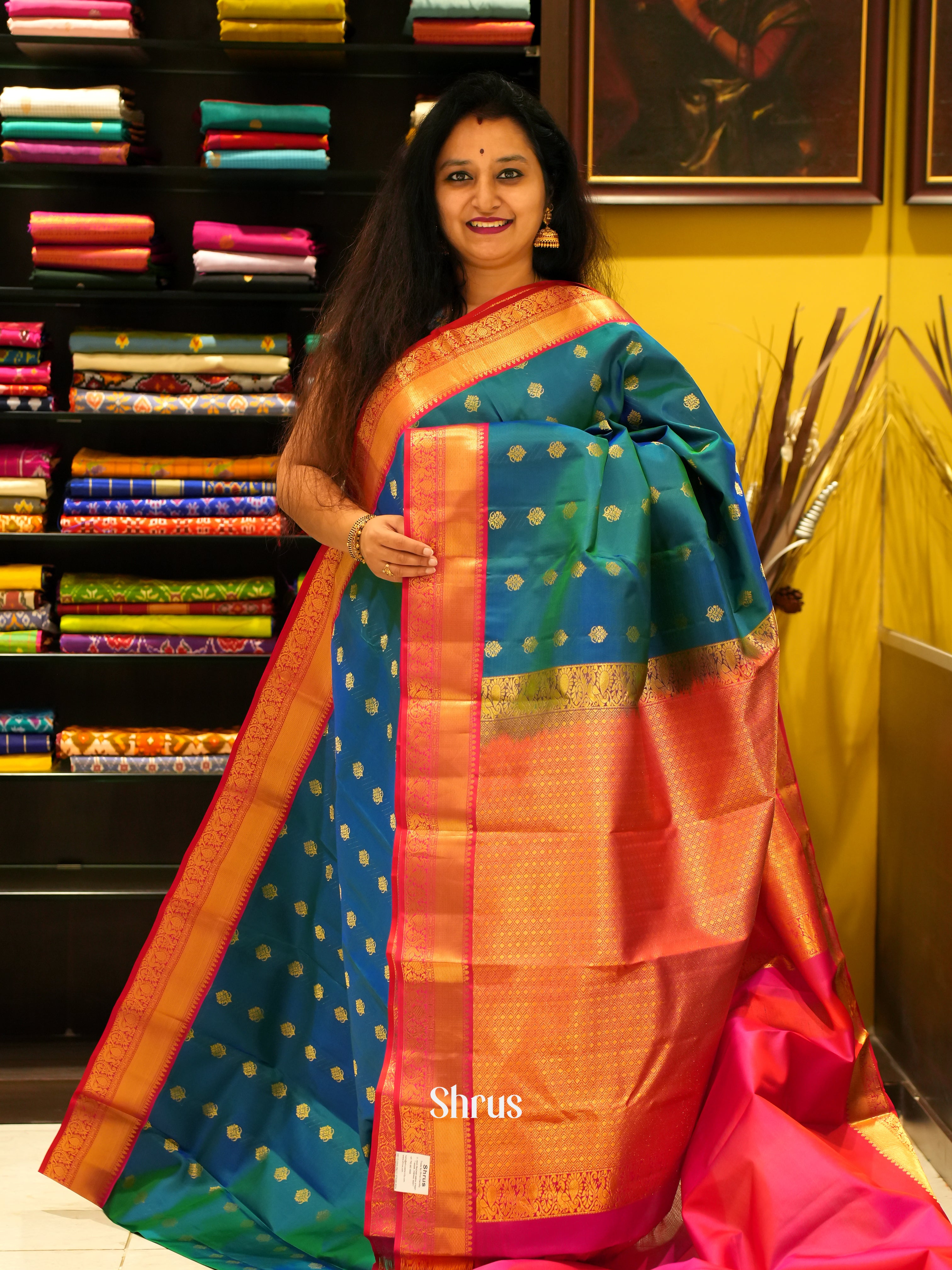 Peacock Blue & Pink - Korvai Kanchipuram silk Saree