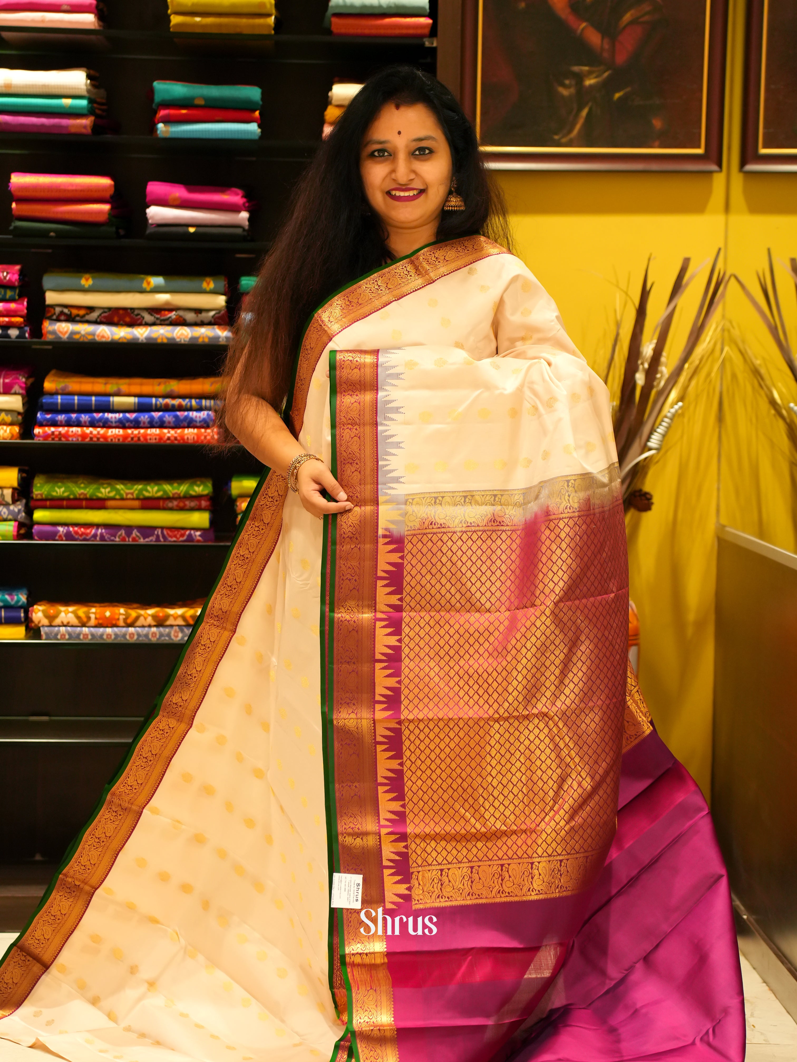 Cream & Purple - Kanchipuram silk Saree