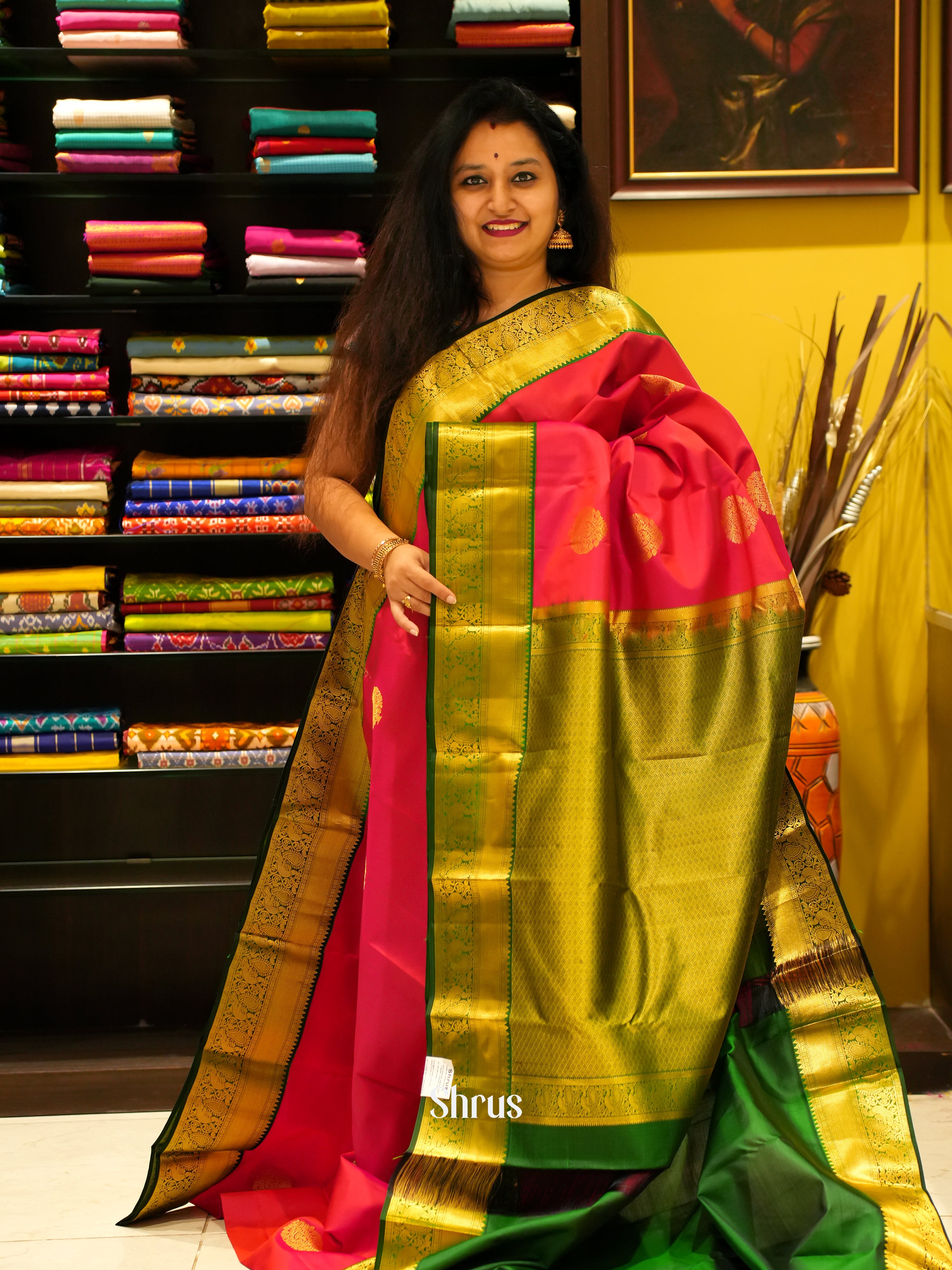 Reddish Pink & Green - Korvai Kanchipuram silk Saree