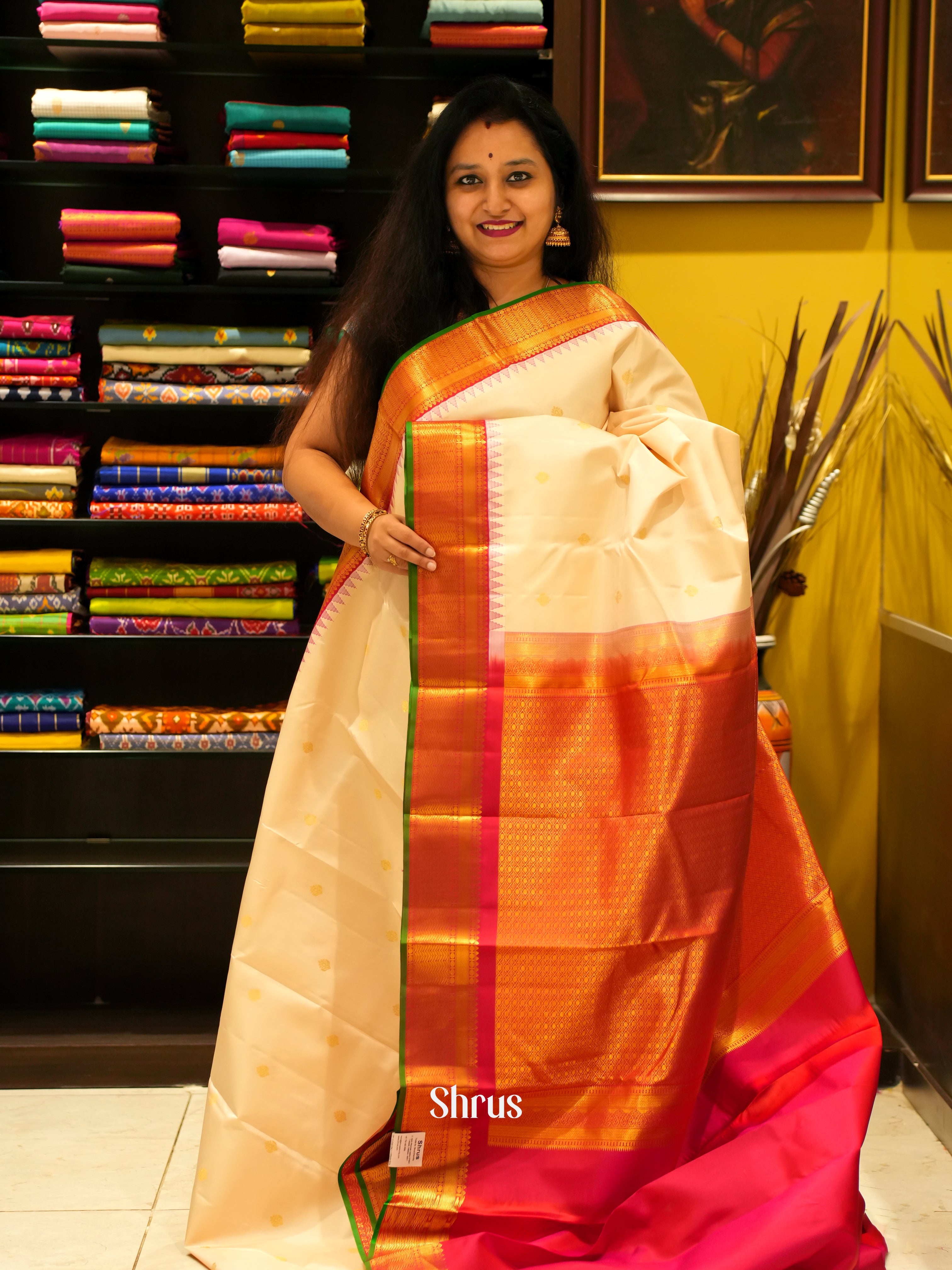 Cream & Red - Korvai Kanchipuram silk Saree