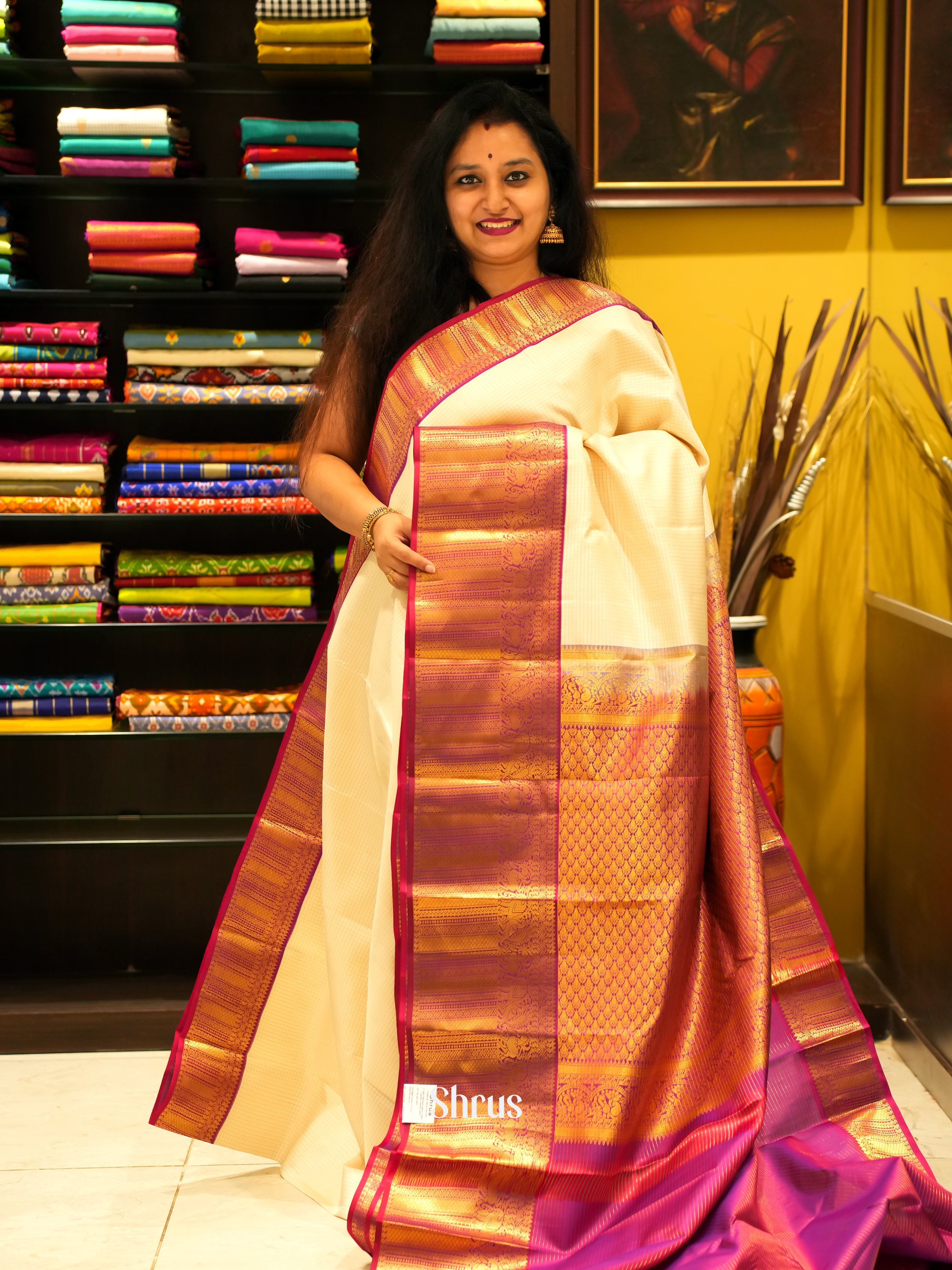 Cream & Purple - Korvai Kanchipuram silk Saree