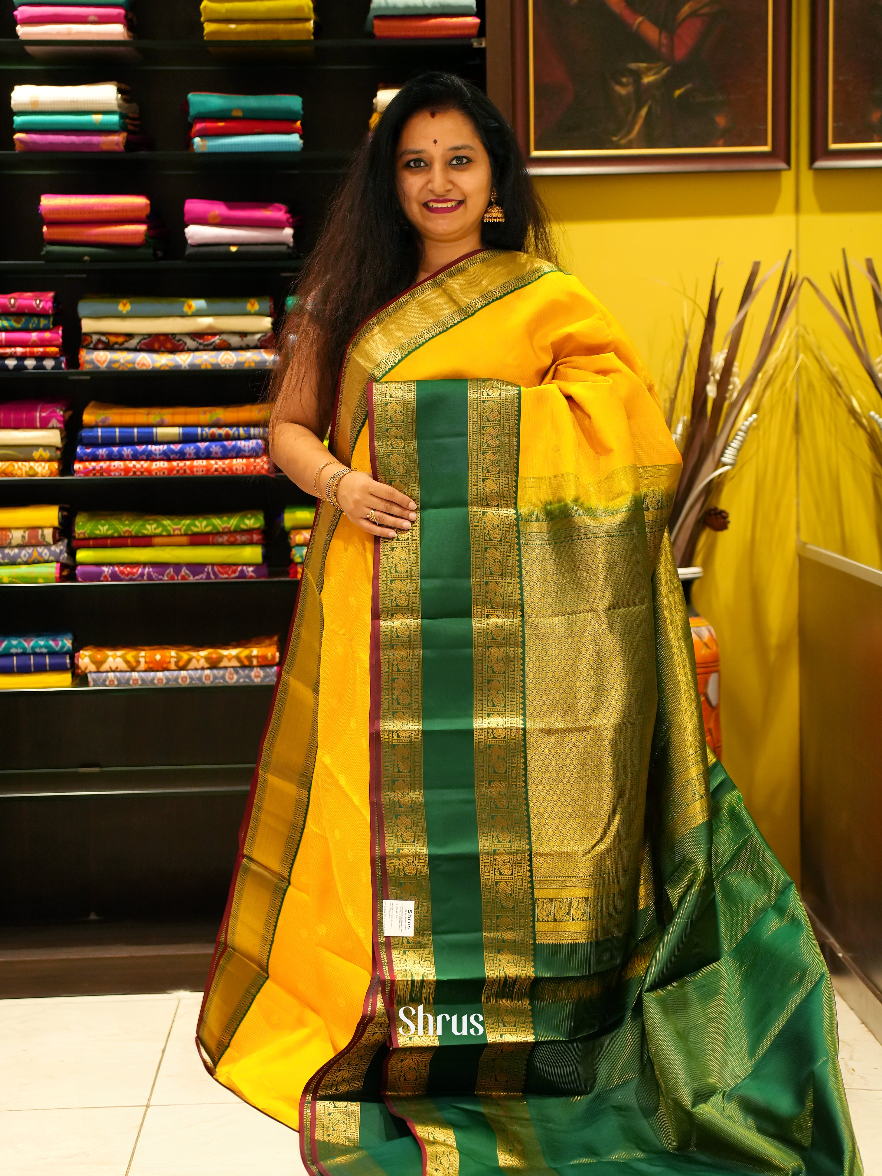 Yellow & Green  - Korvai Kanchipuram silk Saree