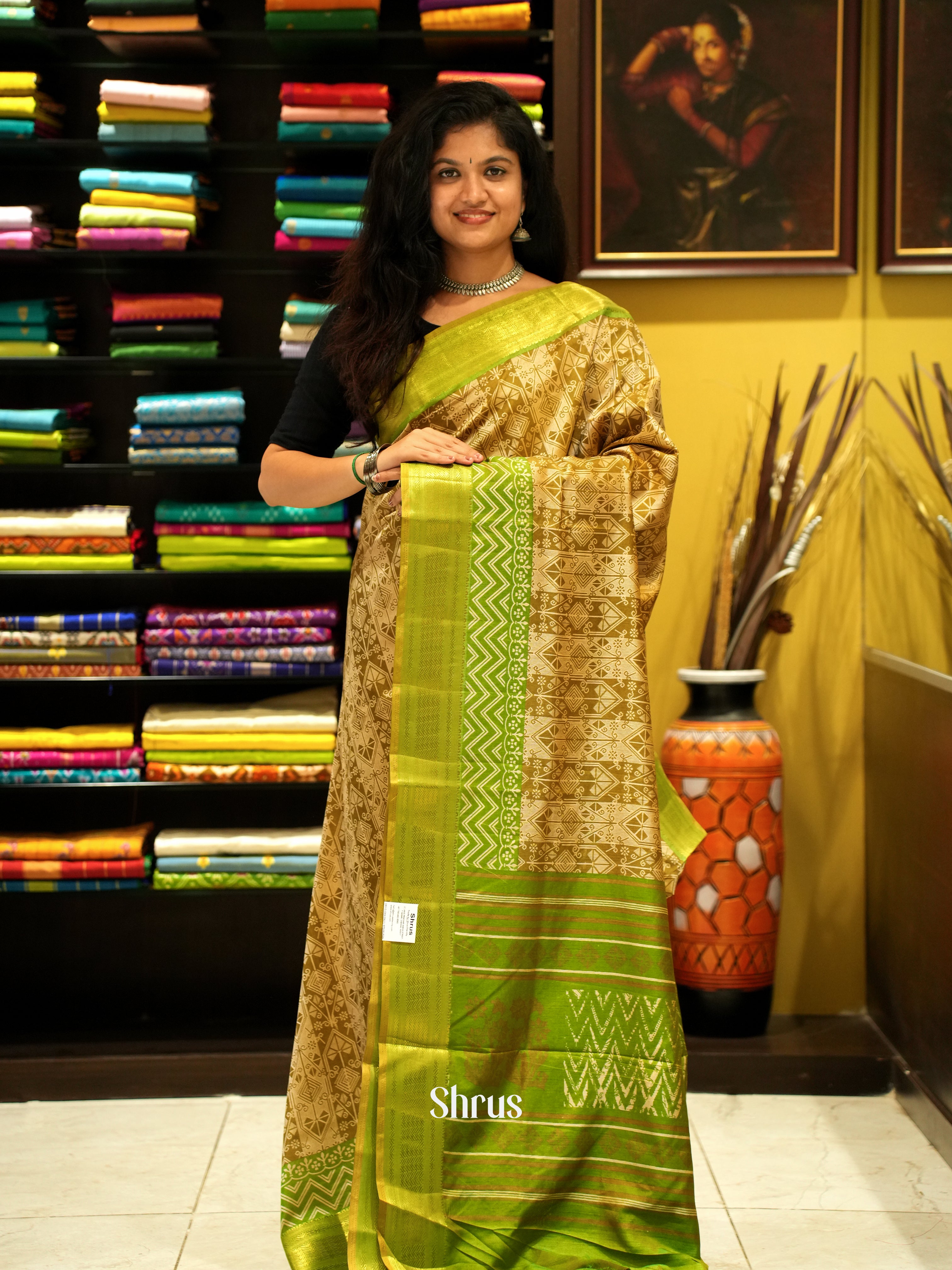 Brown & Green - Semi Patola Saree