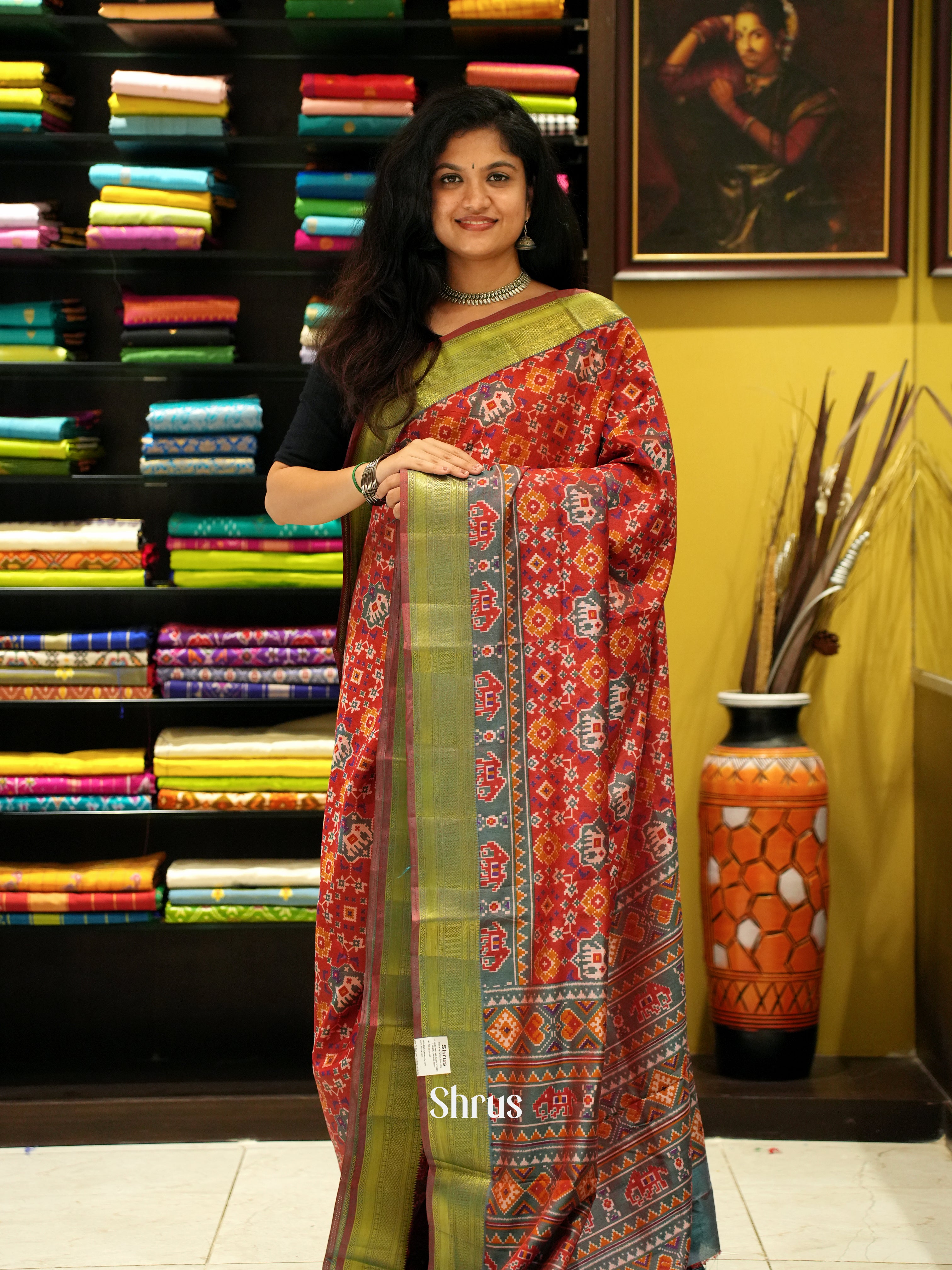 Red & Green - Semi Patola Saree