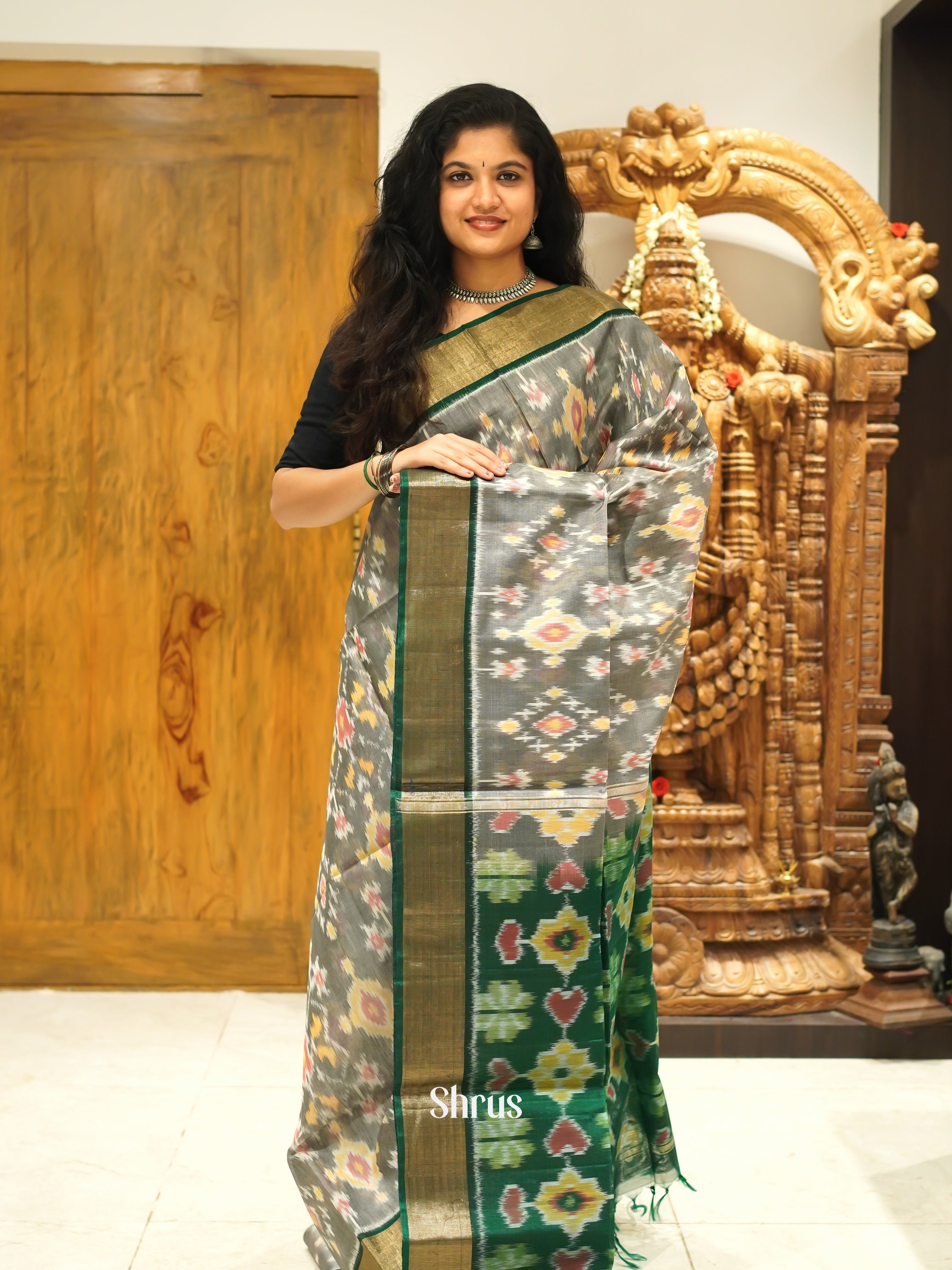 Grey & Green - Pochampally sico Saree