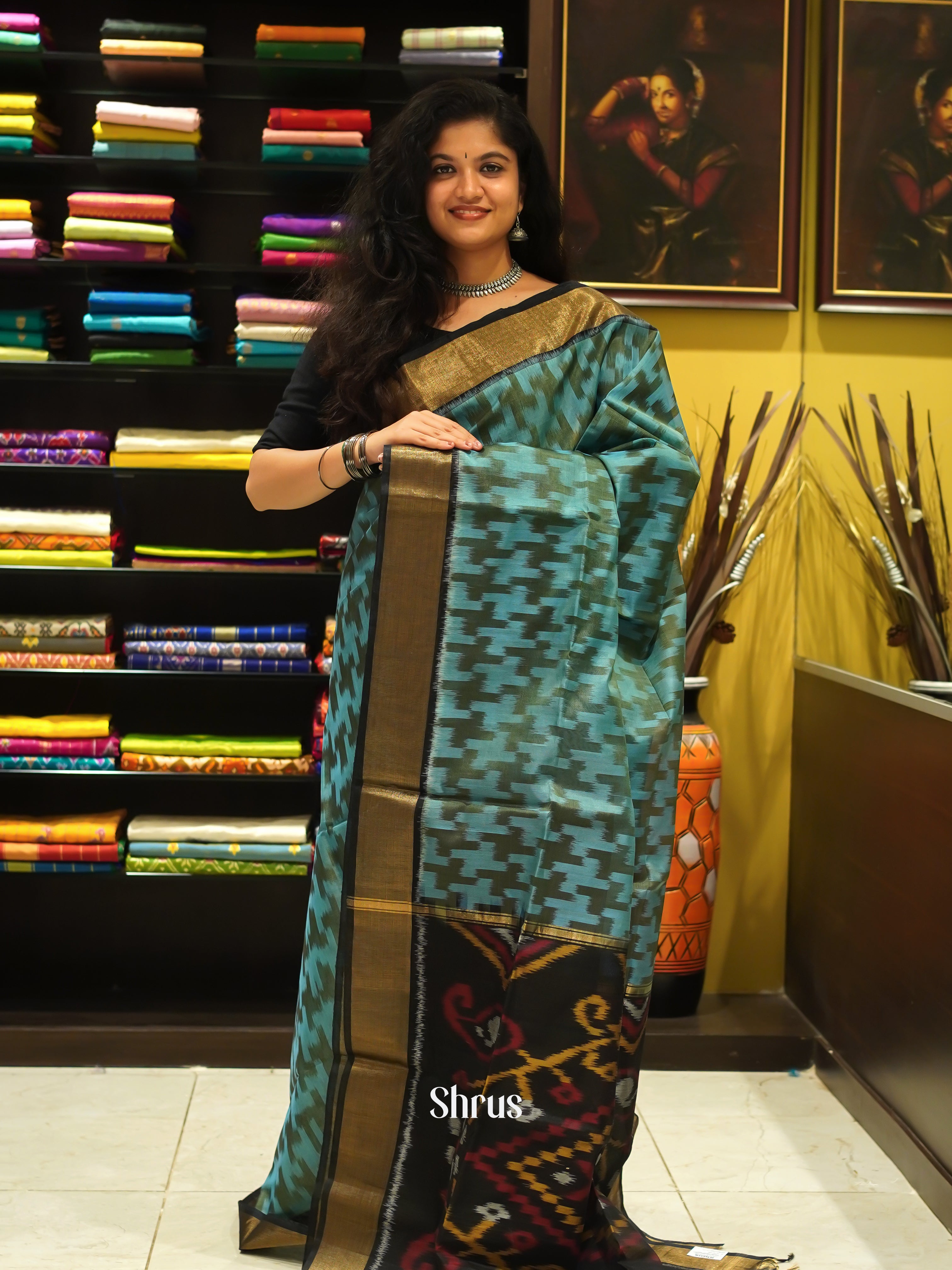 Teal Blue & Black - Pochampally sico Saree