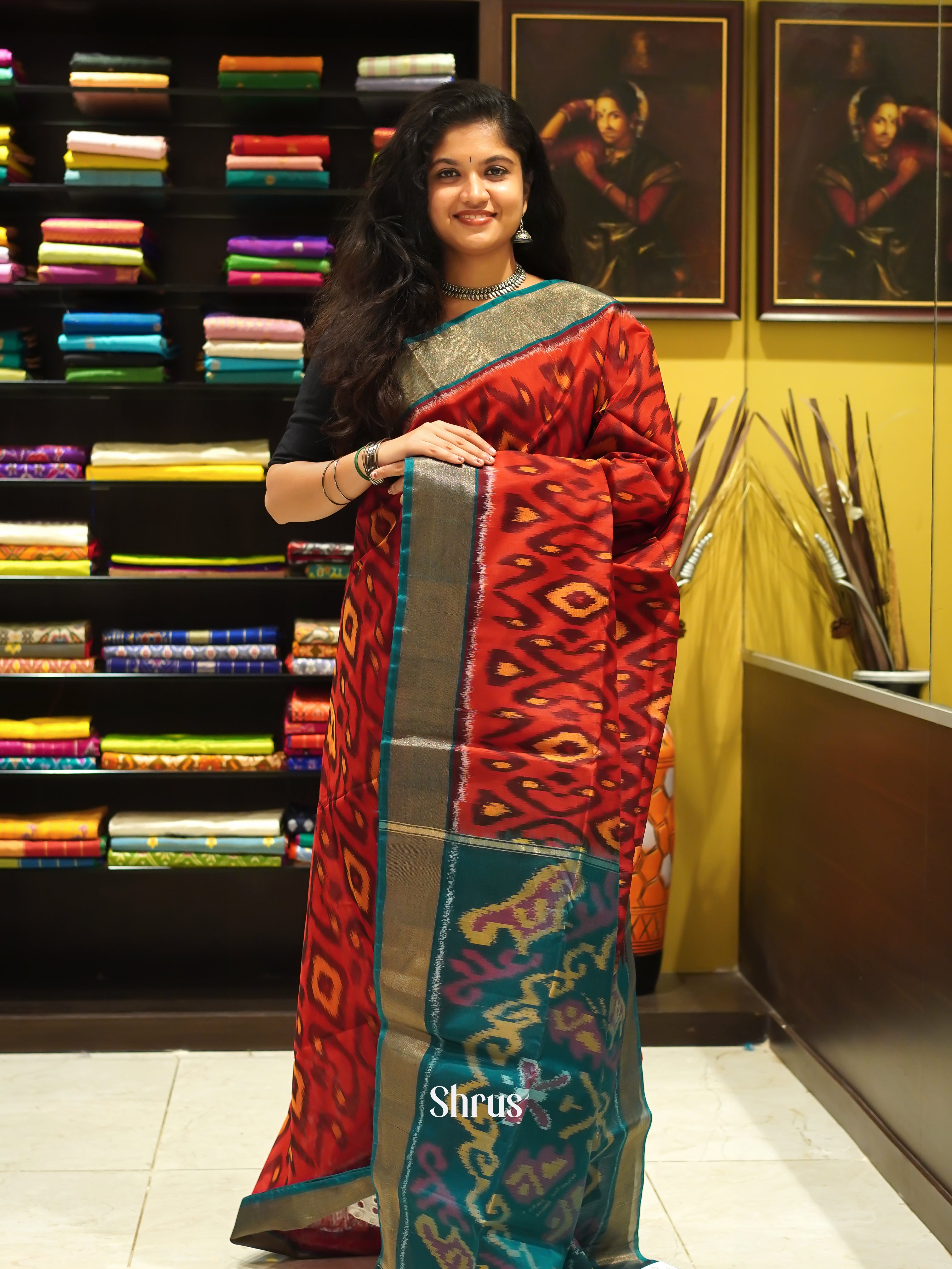 Orange & Peacock Green - Pochampally sico Saree