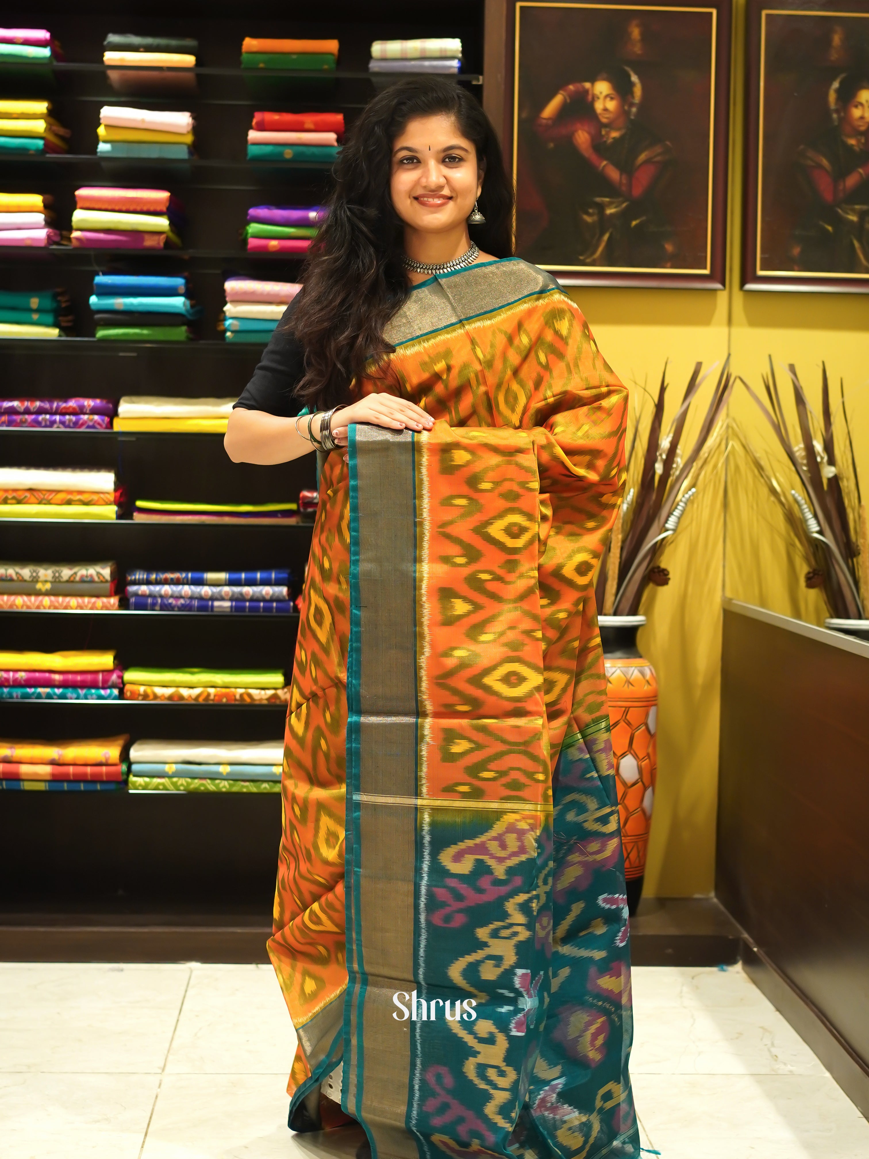 Orange & Peacock Green - Pochampally sico Saree