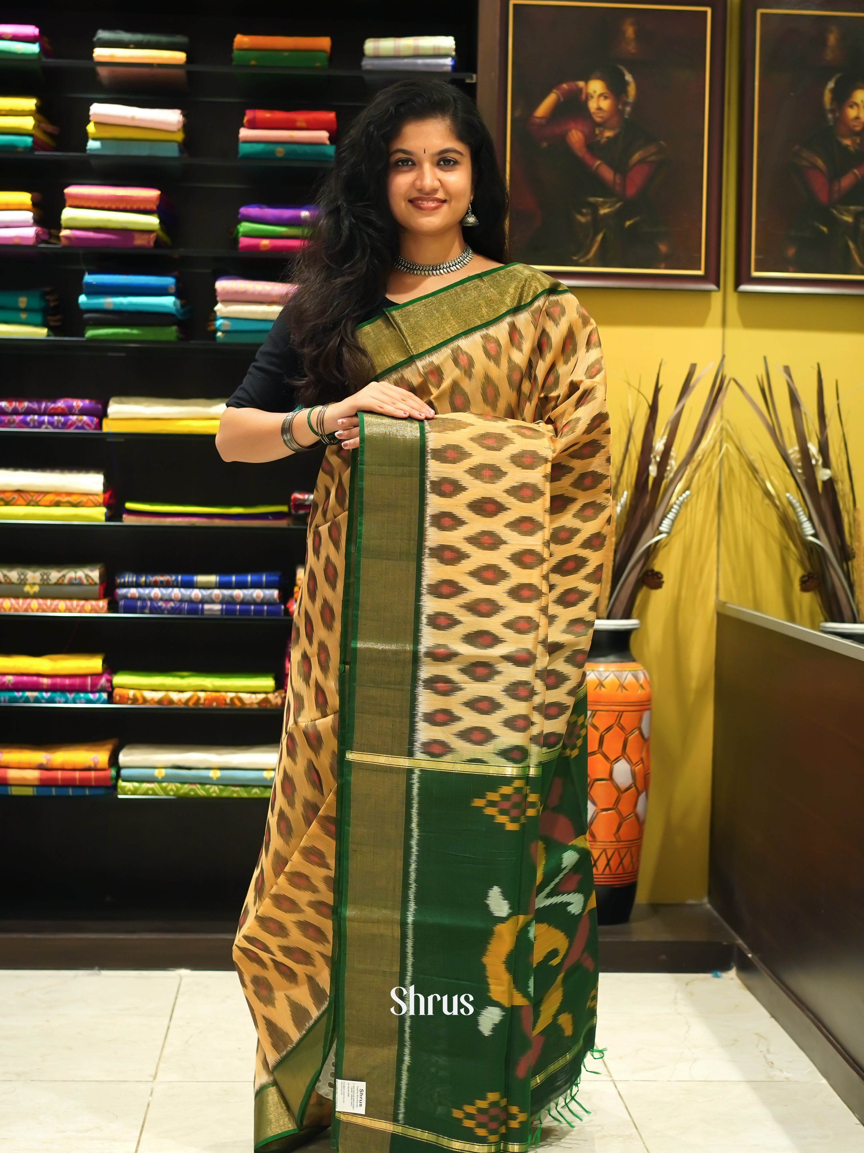 Sandal & Green - Pochampally sico Saree