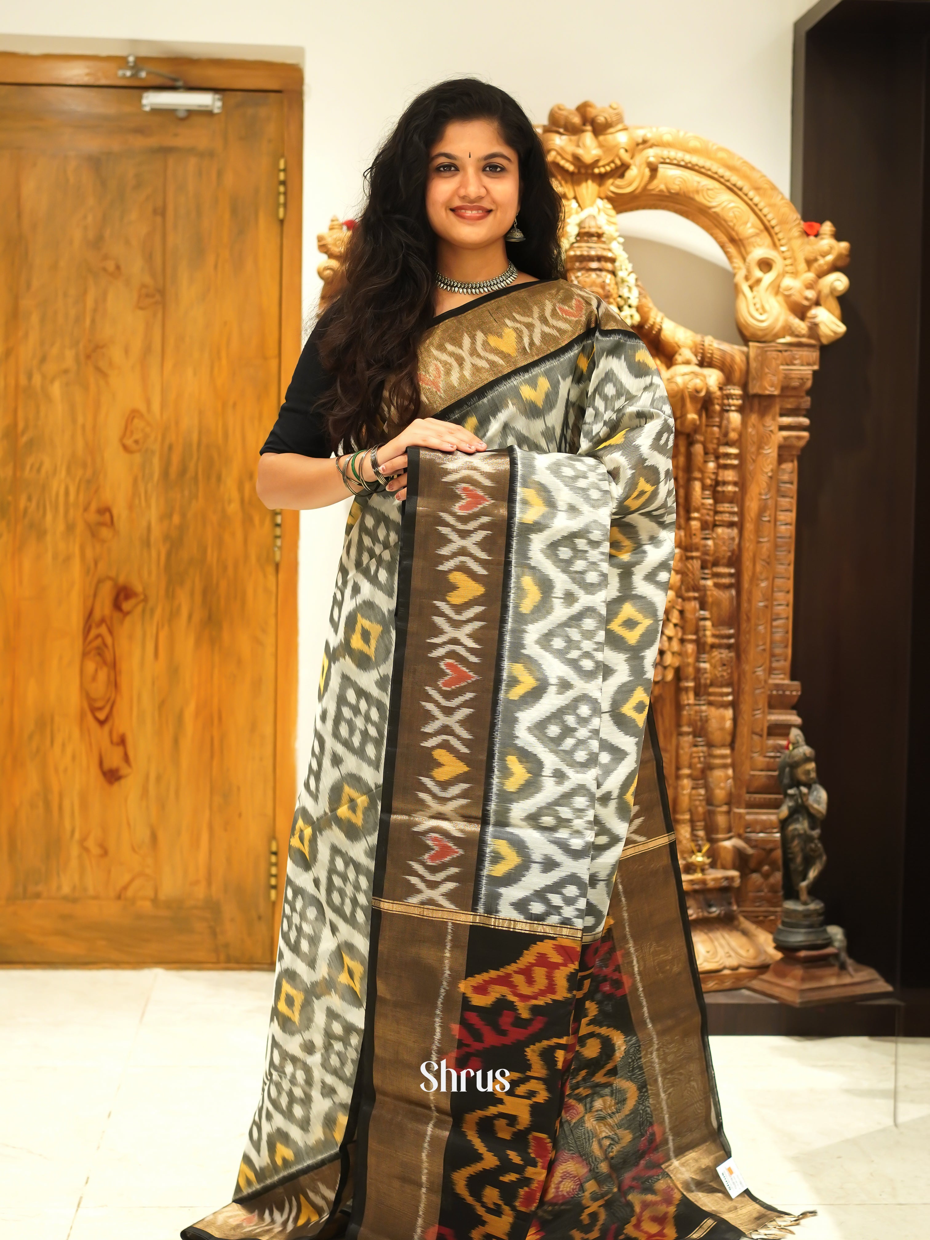 Grey & Black - Pochampally sico Saree