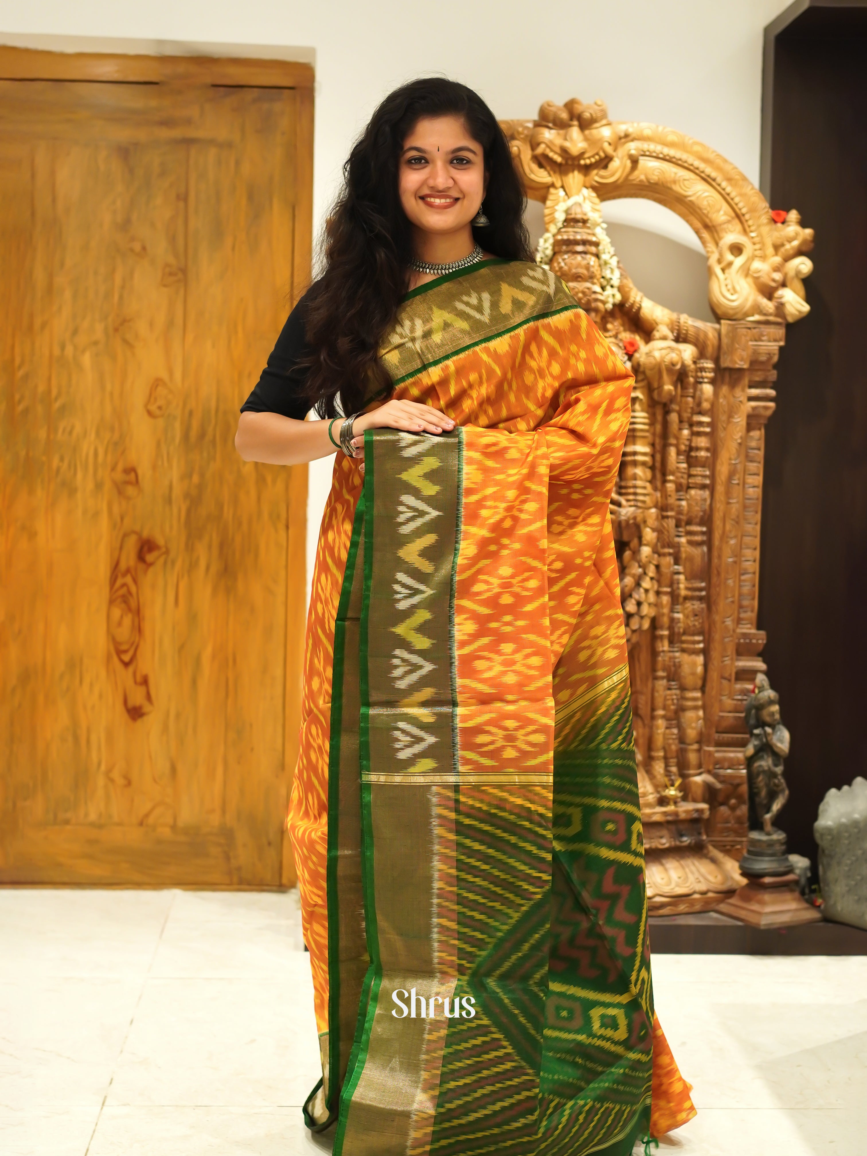 Orange & Green - Pochampally sico Saree