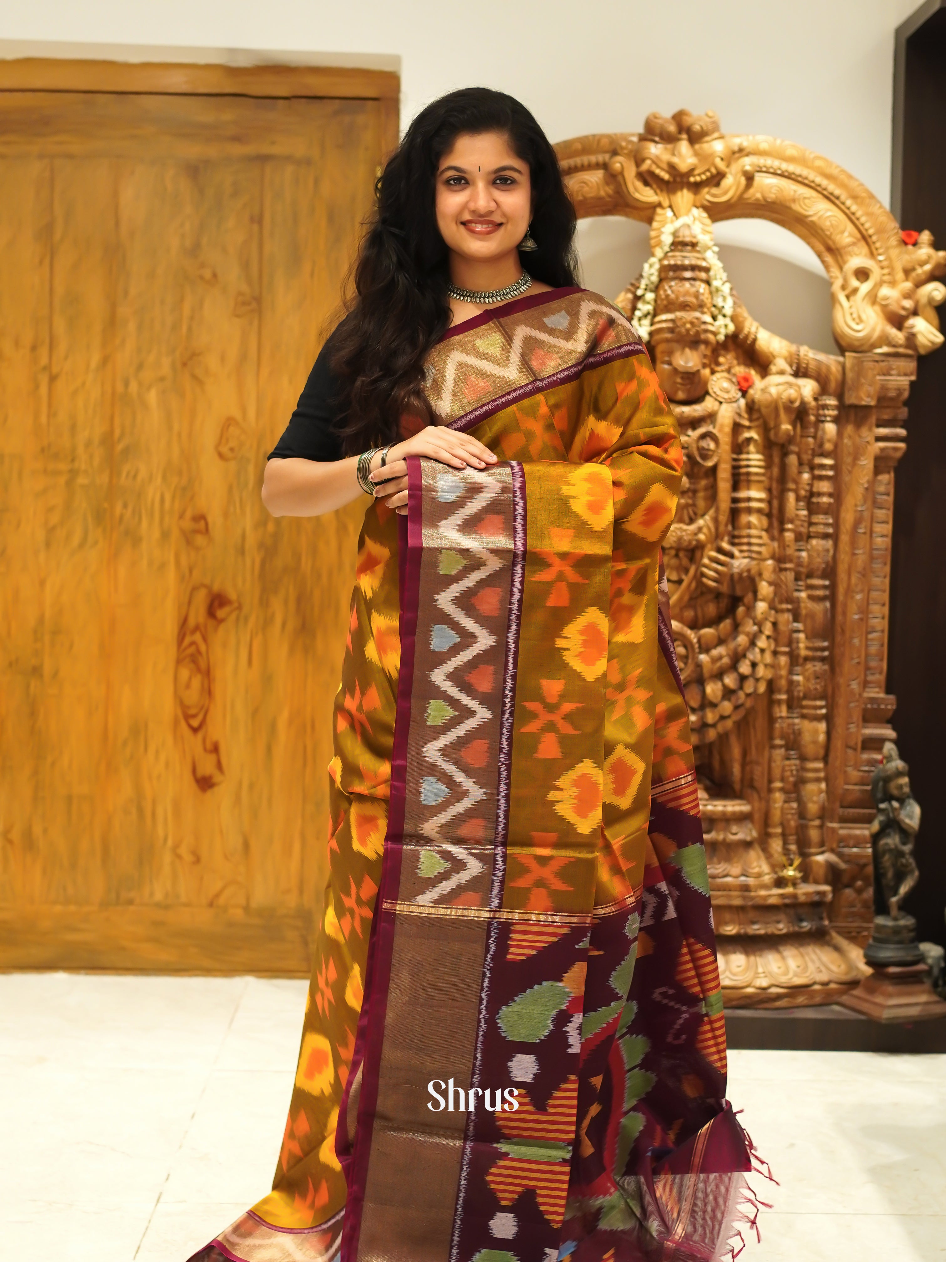 Mustardy Green & Maroon - Pochampally sico Saree