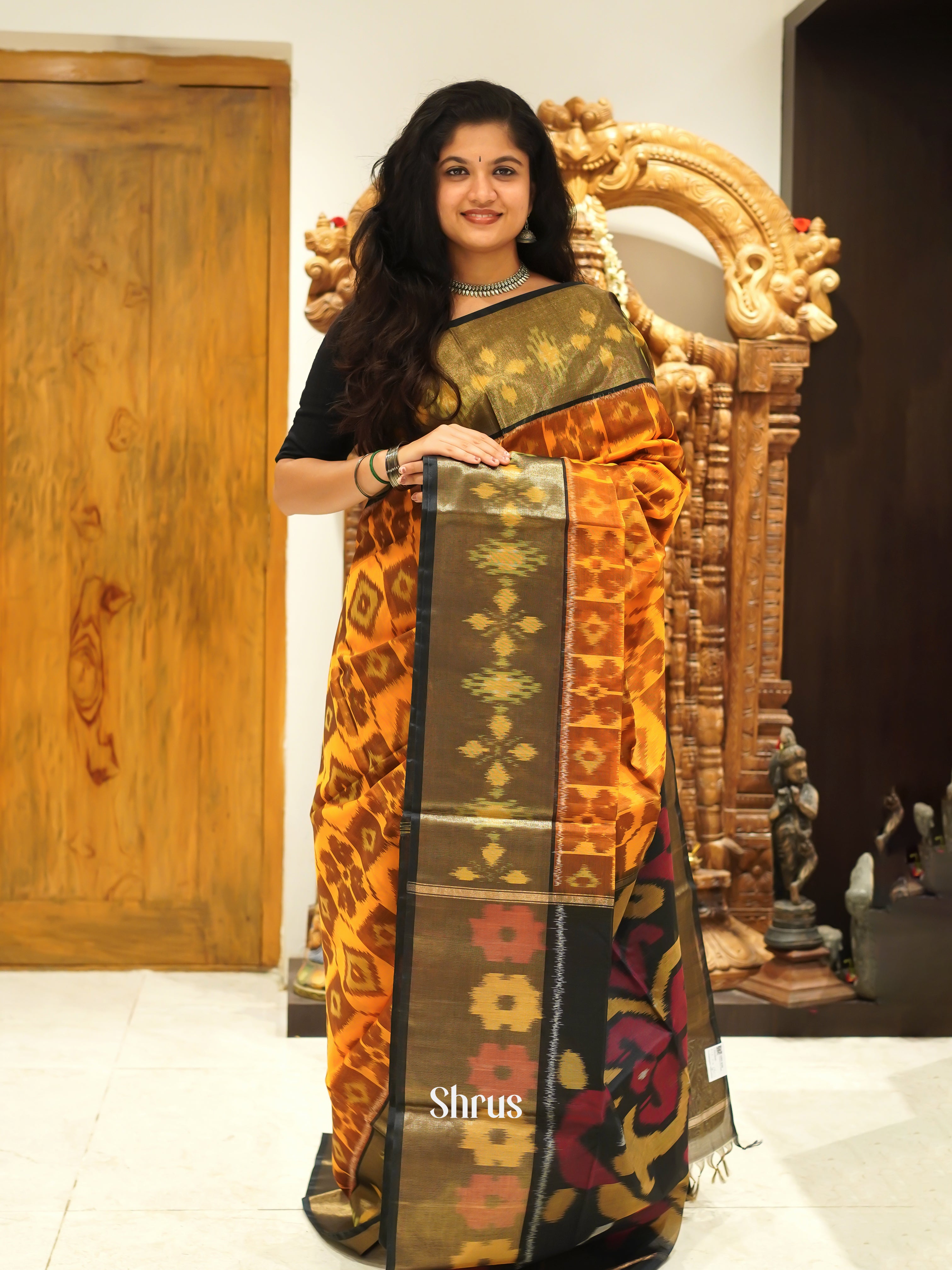 Orange & Black - Pochampally sico Saree