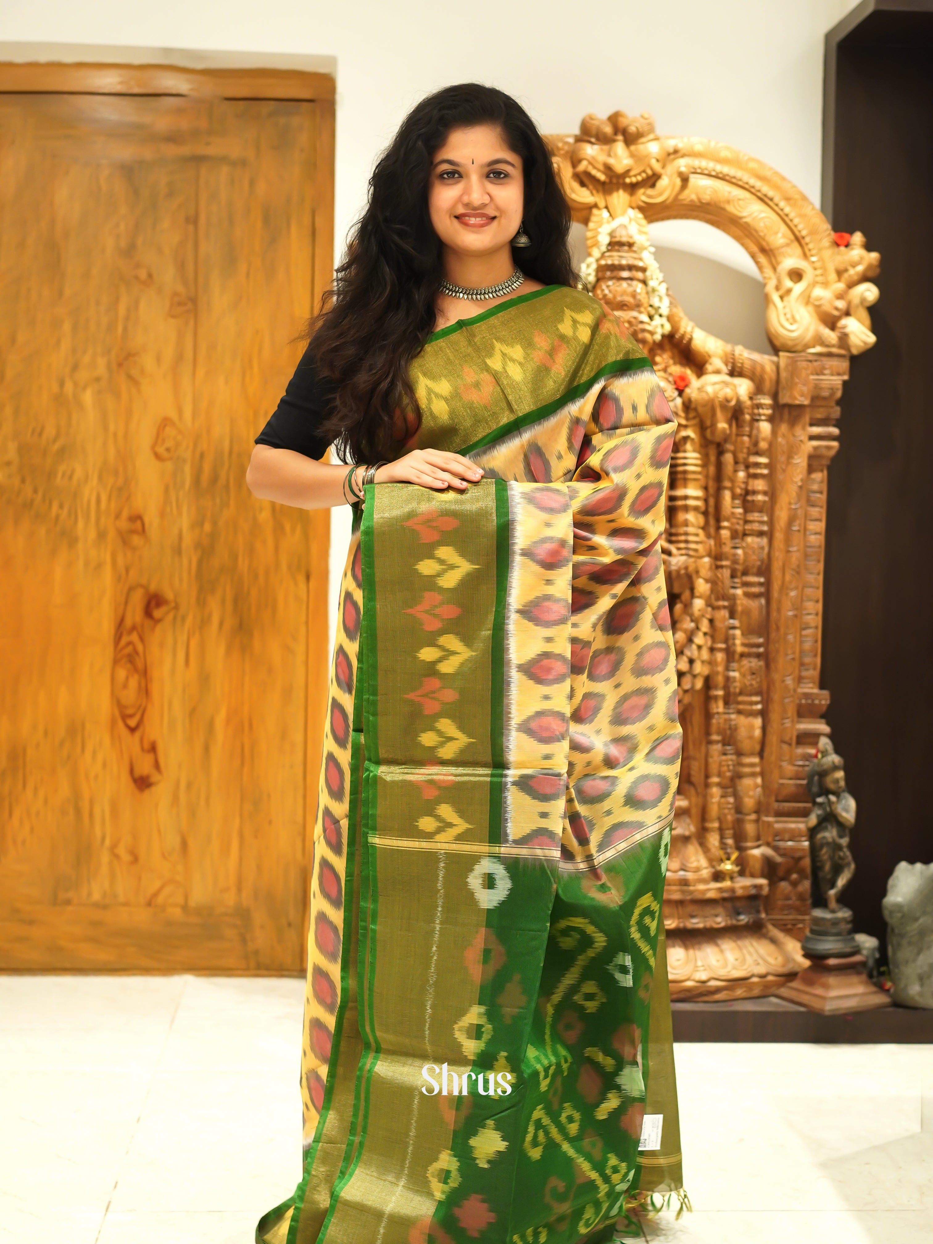 Light Yellow & Green - Pochampally sico Saree