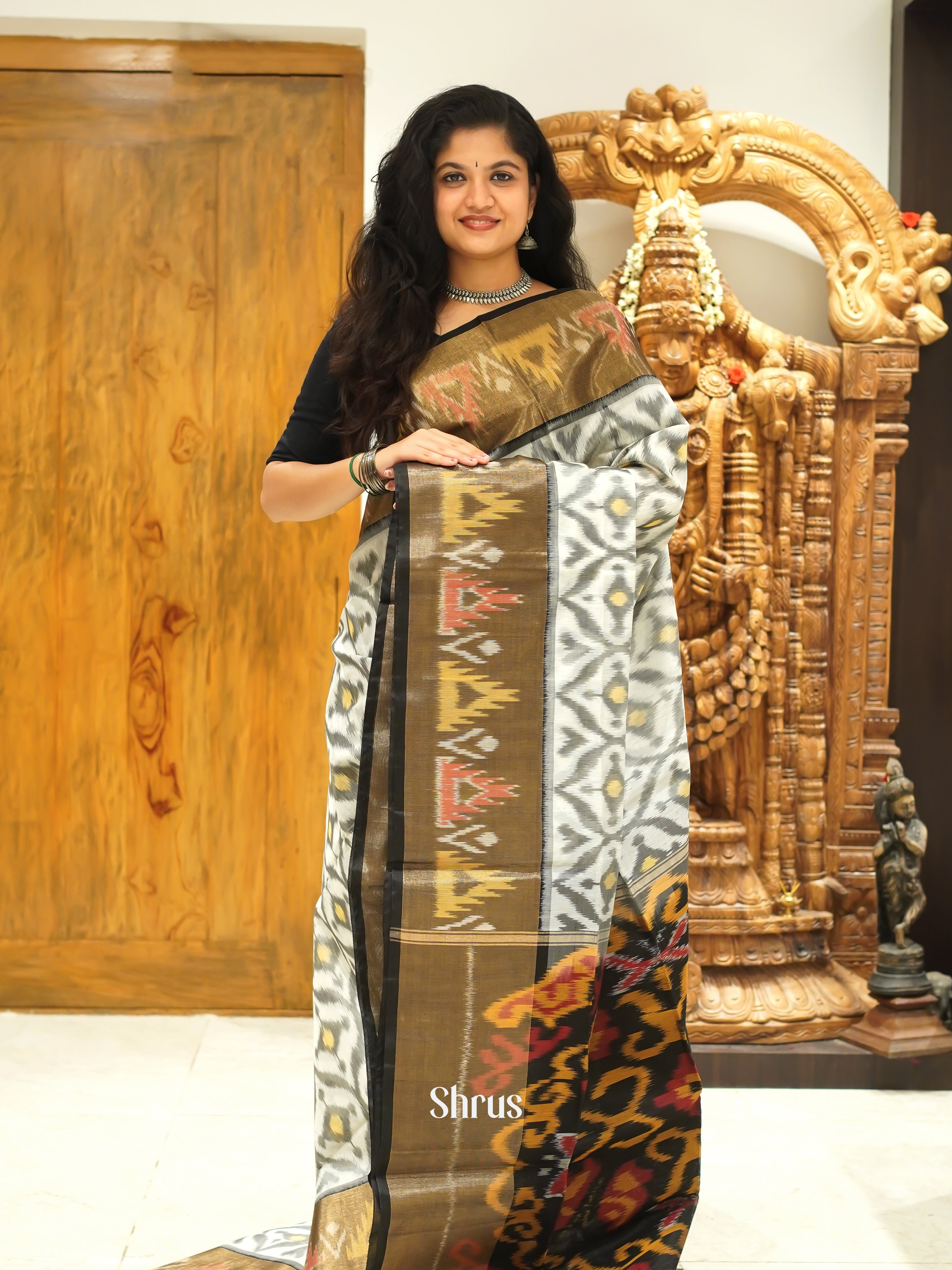 Cream & Black - Pochampally sico Saree