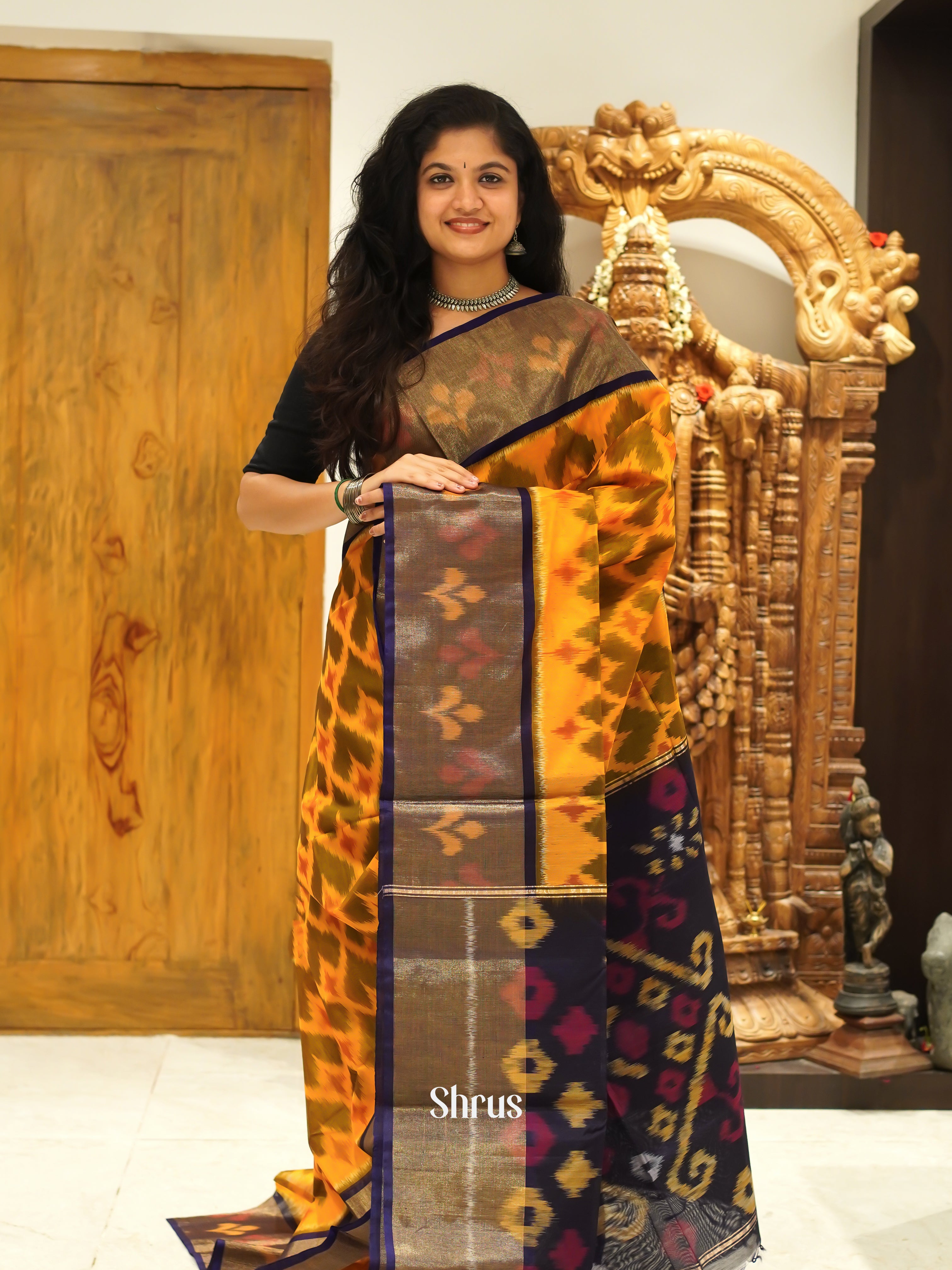 Bright Yellow & Violet - Pochampally sico Saree