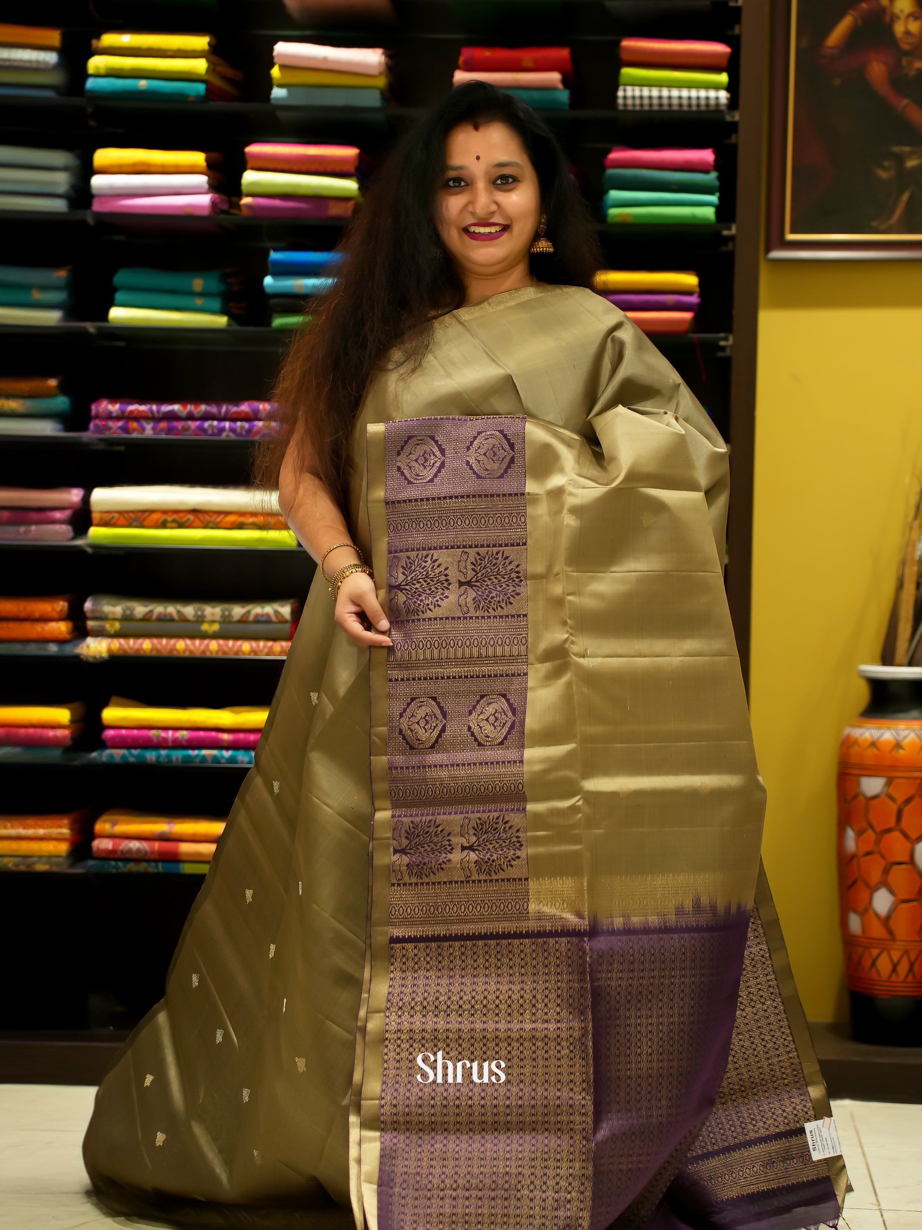 Grey Green & Violet - Soft Silk Saree