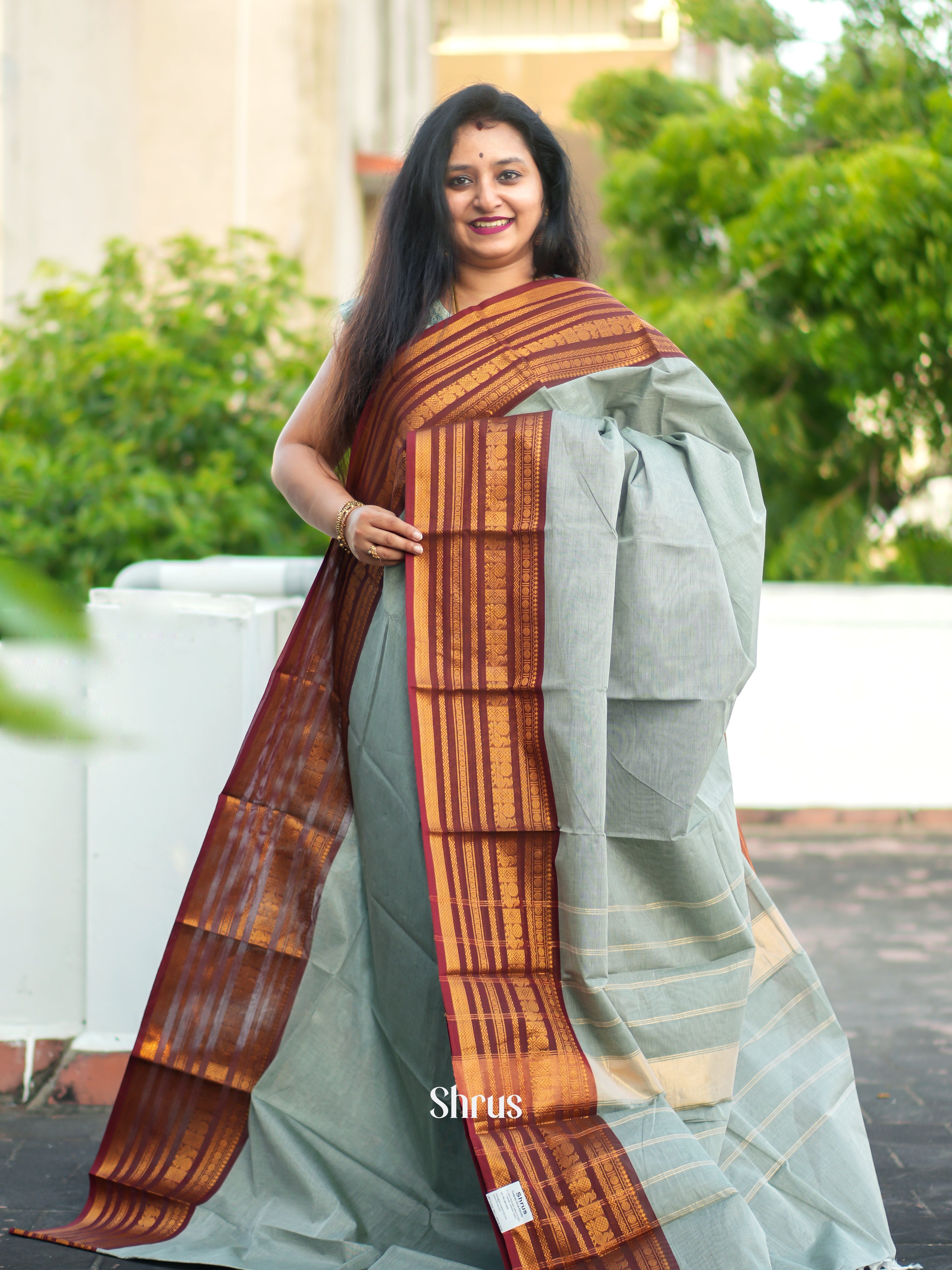 Grey & Maroon - Chettinad Cotton Saree