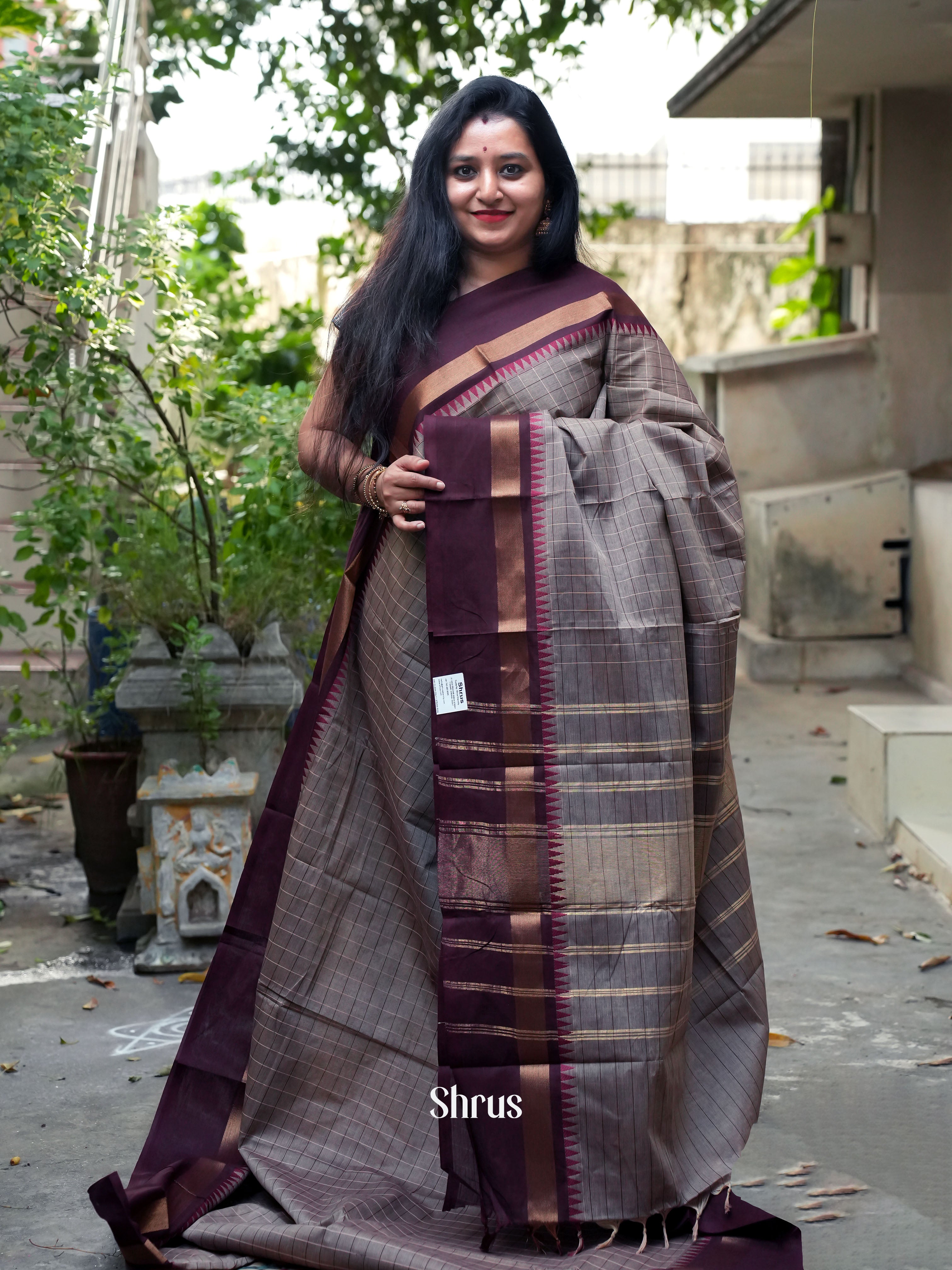 Grey & Wine - Chettinad Cotton Saree