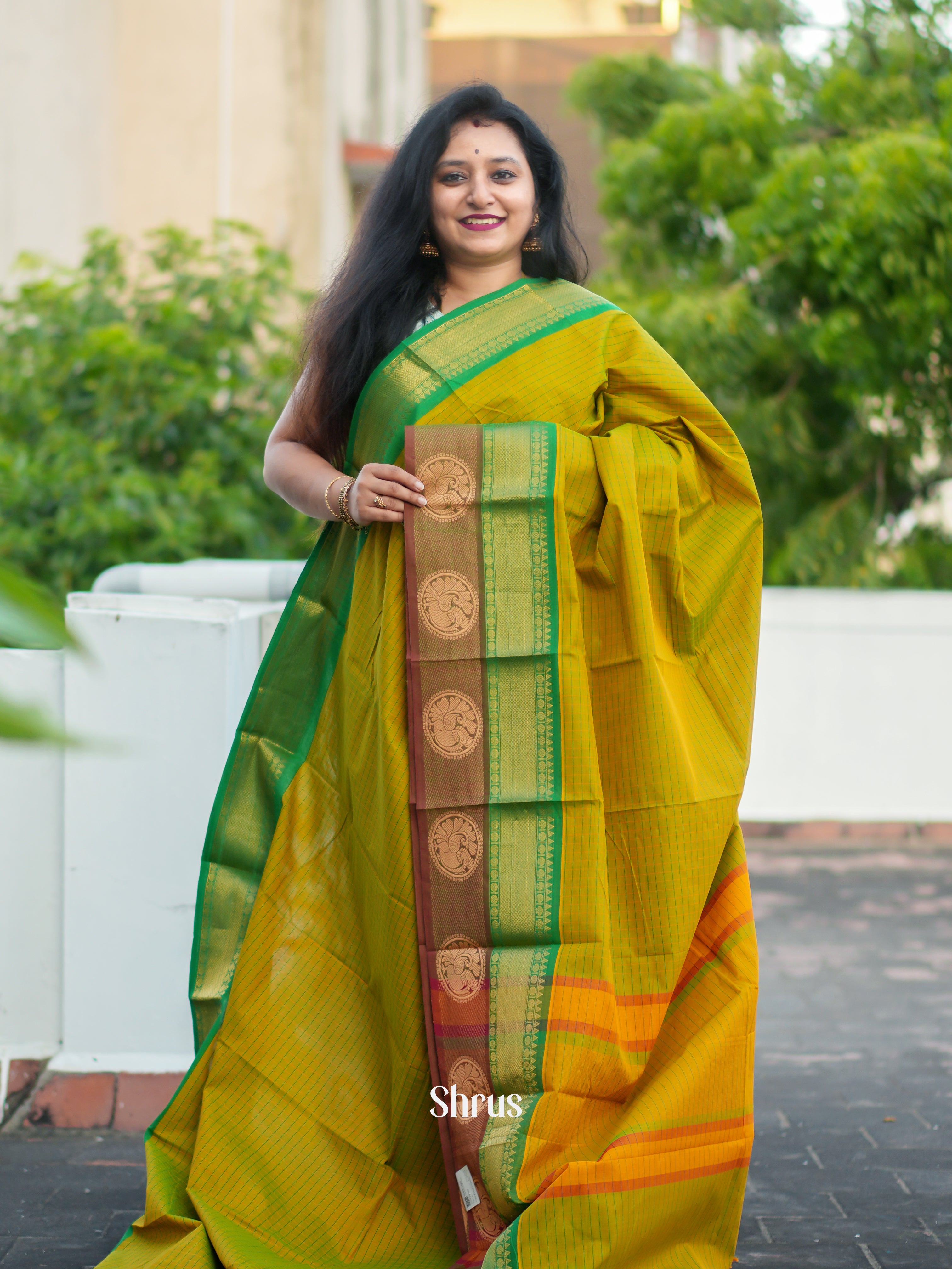 Mustardy Green &  Green  - Chettinad Cotton Saree