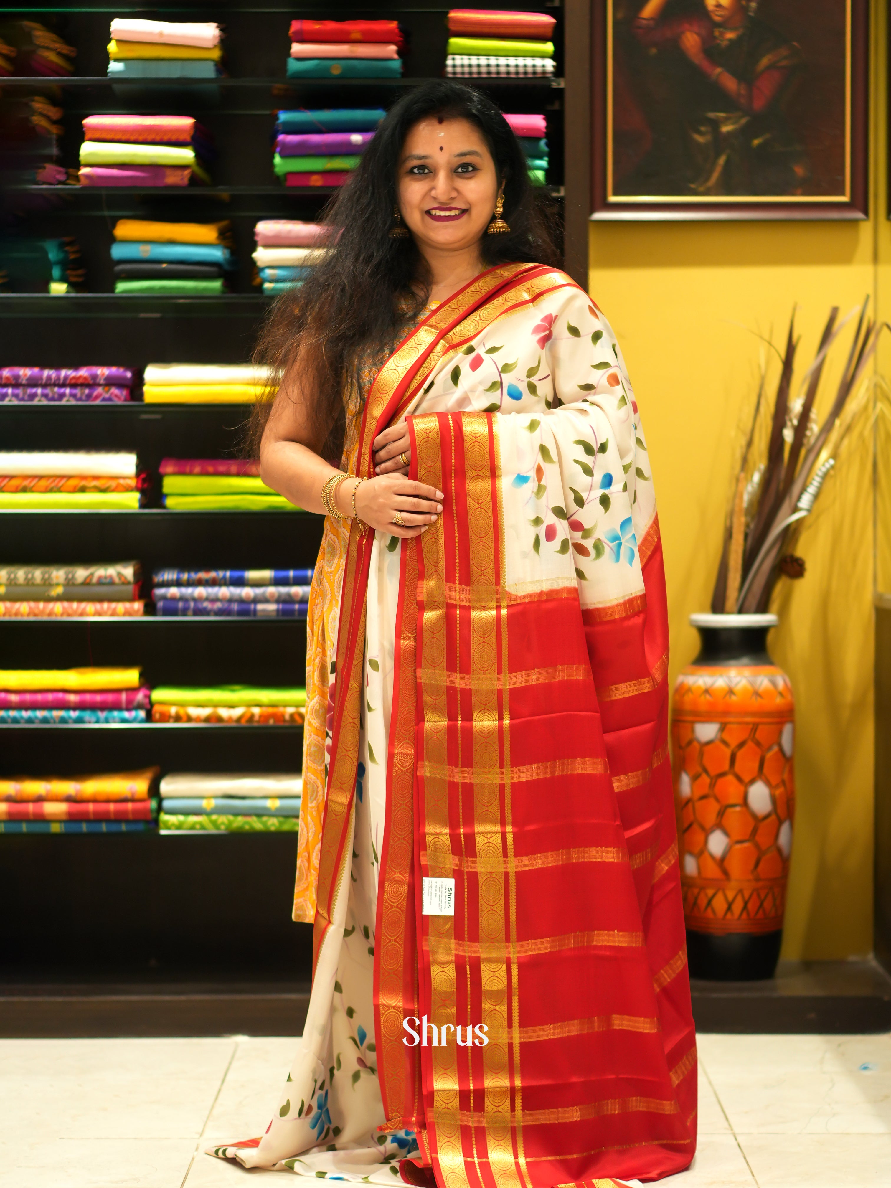 Cream & Red  -Mysore Silk