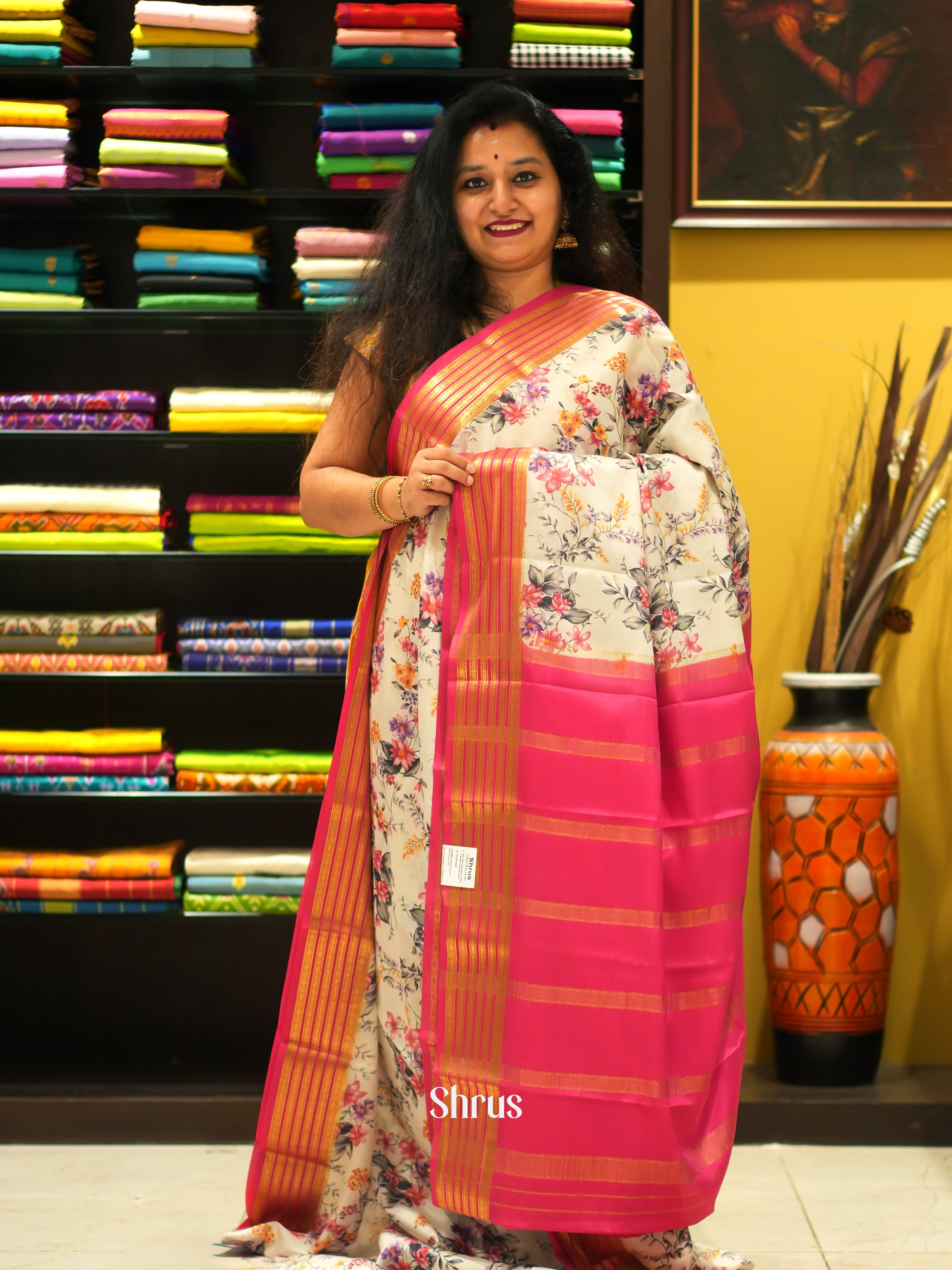 Cream & Pink  -Mysore Silk