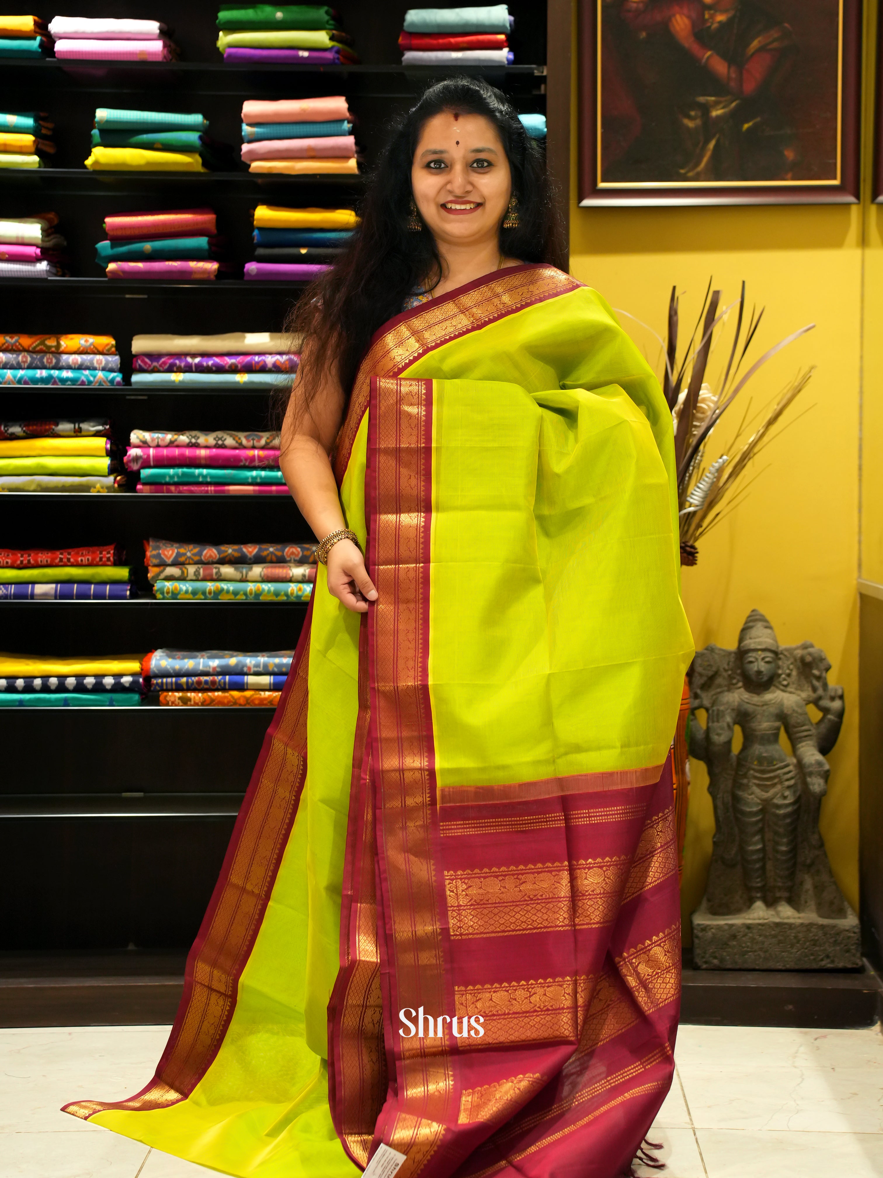 Light Green & Maroon - Silk Cotton Saree