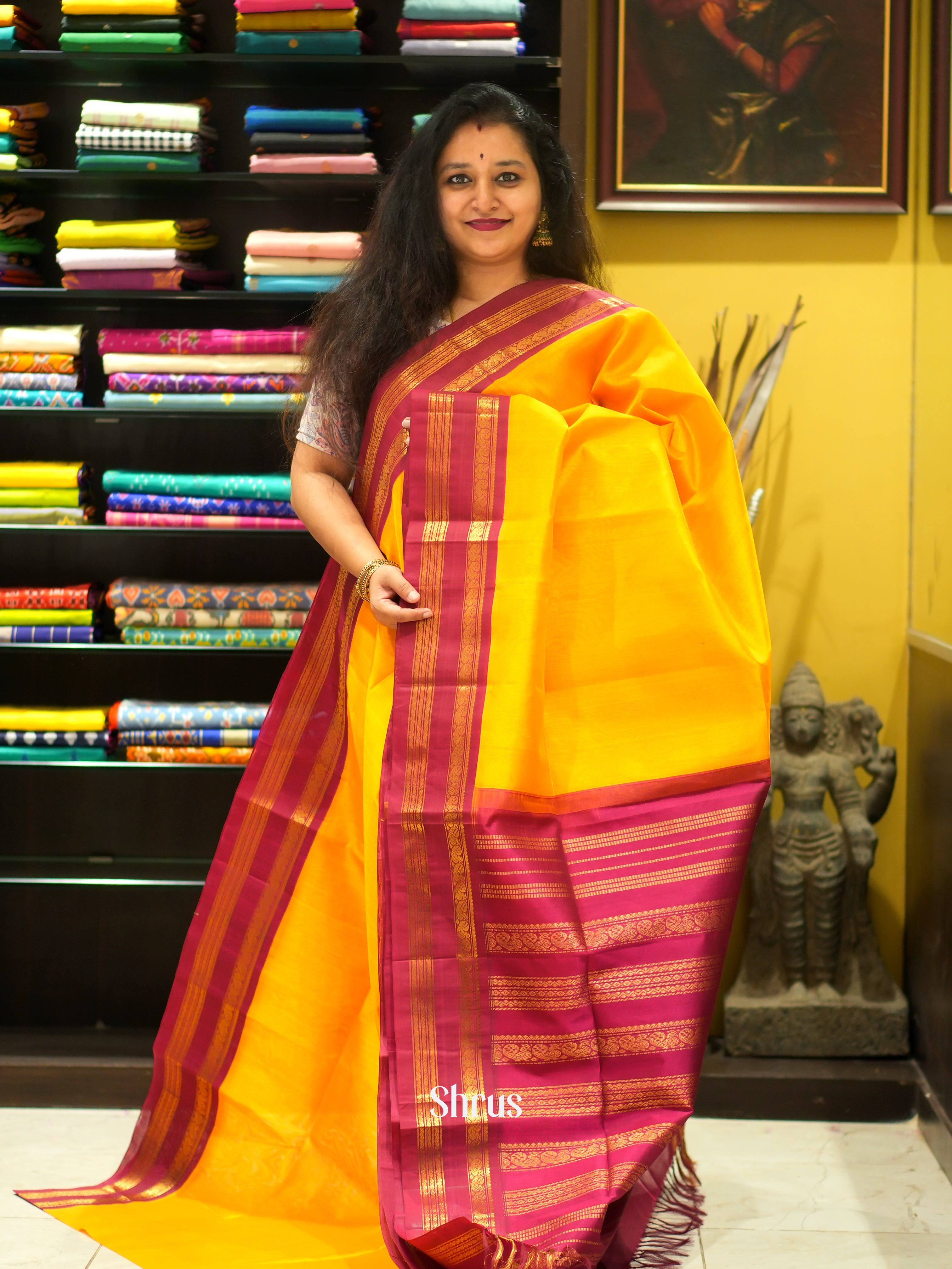 Yellow & Maroon - Silk Cotton Saree